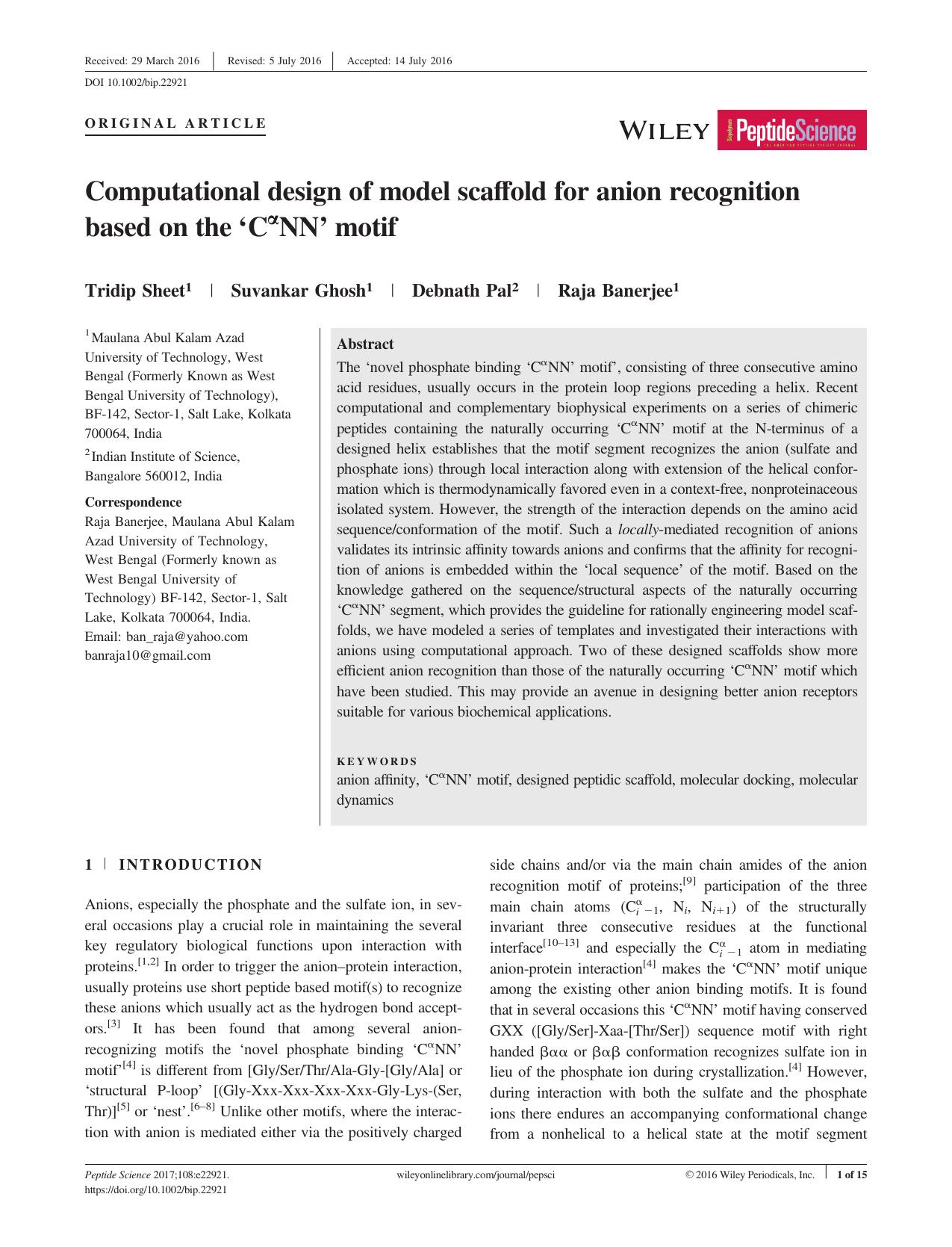 Computational design of model scaffold for anion recognition based on the ÂC&#945;NNÂ motif by Unknown