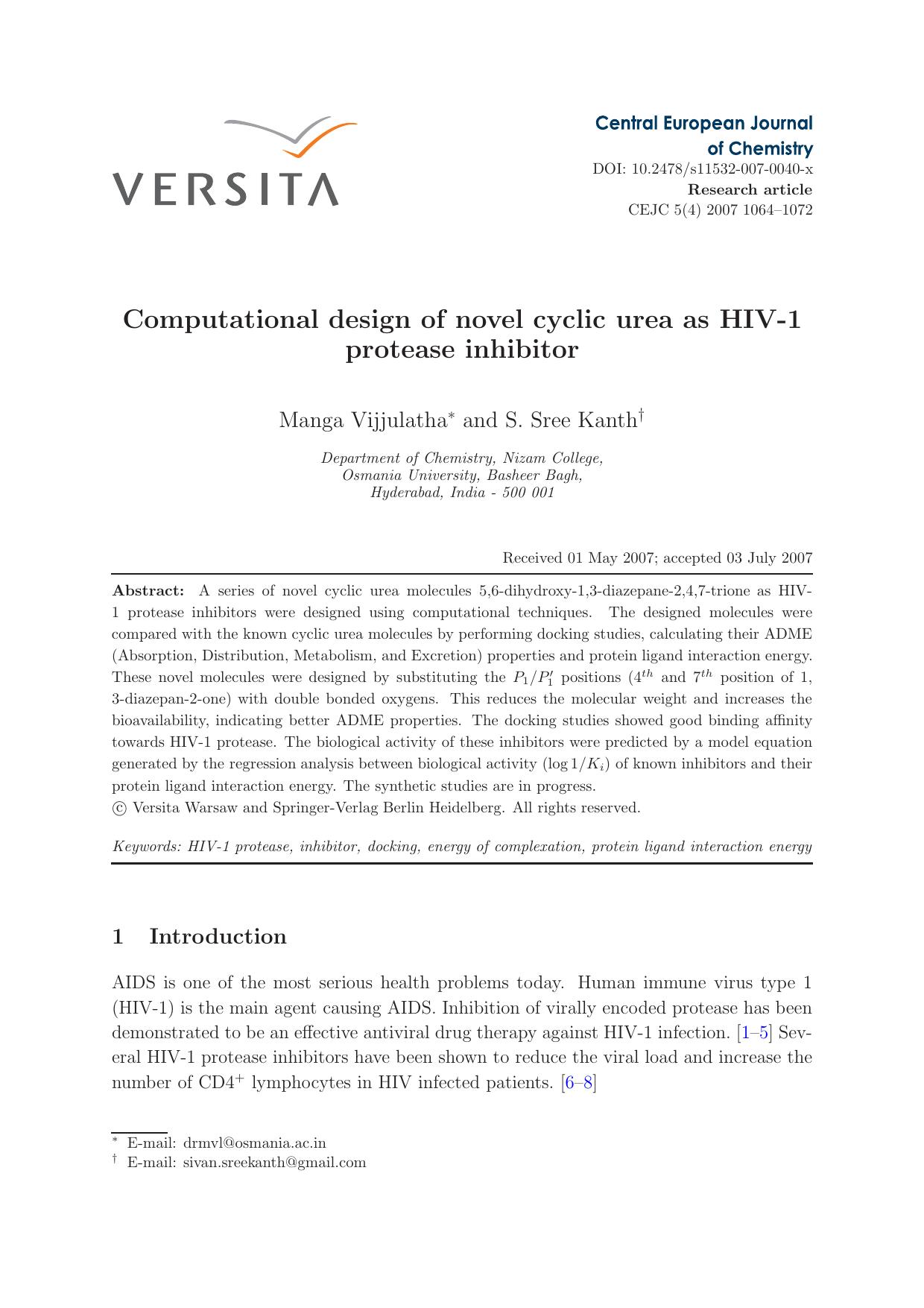 Computational design of novel cyclic urea as HIV-1 protease inhibitor by Unknown