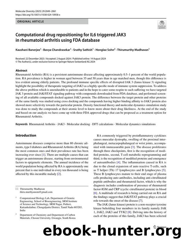 Computational drug repositioning for IL6 triggered JAK3 in rheumatoid arthritis using FDA database by Kaushani Banerjee & Bavya Chandrasekar & Sruthy Sathish & Honglae Sohn & Thirumurthy Madhavan