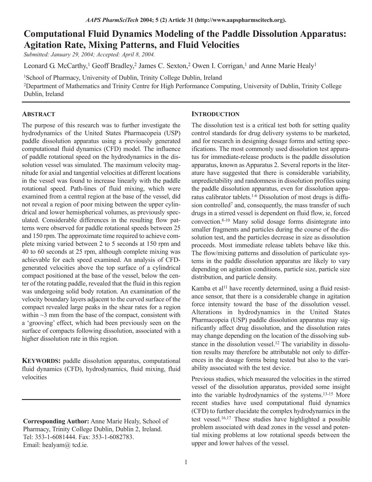 Computational fluid dynamics modeling of the paddle dissolution apparatus: Agitation rate, mixing patterns, and fluid velocities by Unknown