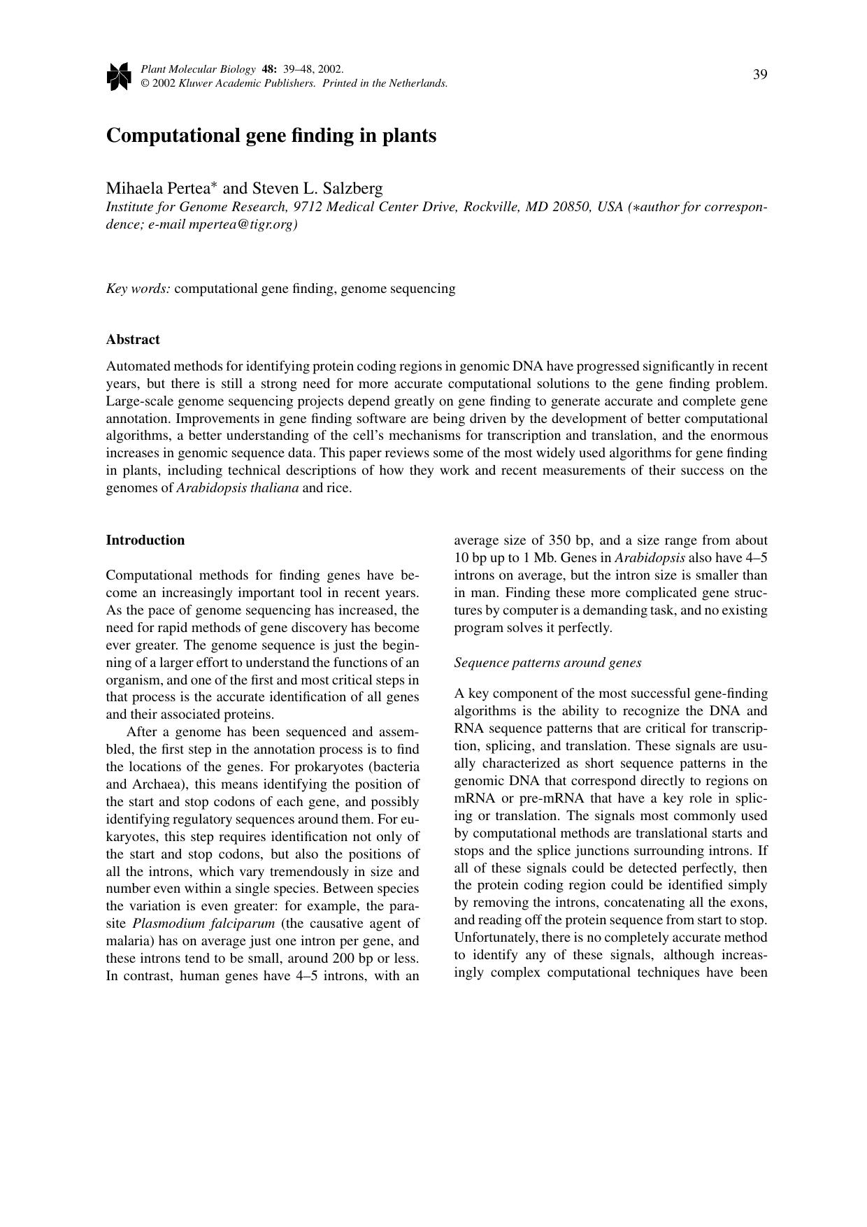 Computational gene finding in plants by Unknown
