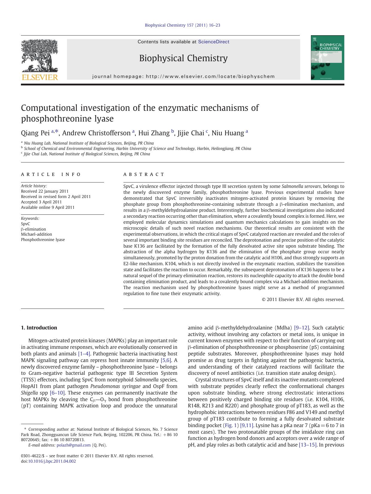 Computational investigation of the enzymatic mechanisms of phosphothreonine lyase by Qiang Pei & Andrew Christofferson & Hui Zhang & Jijie Chai & Niu Huang