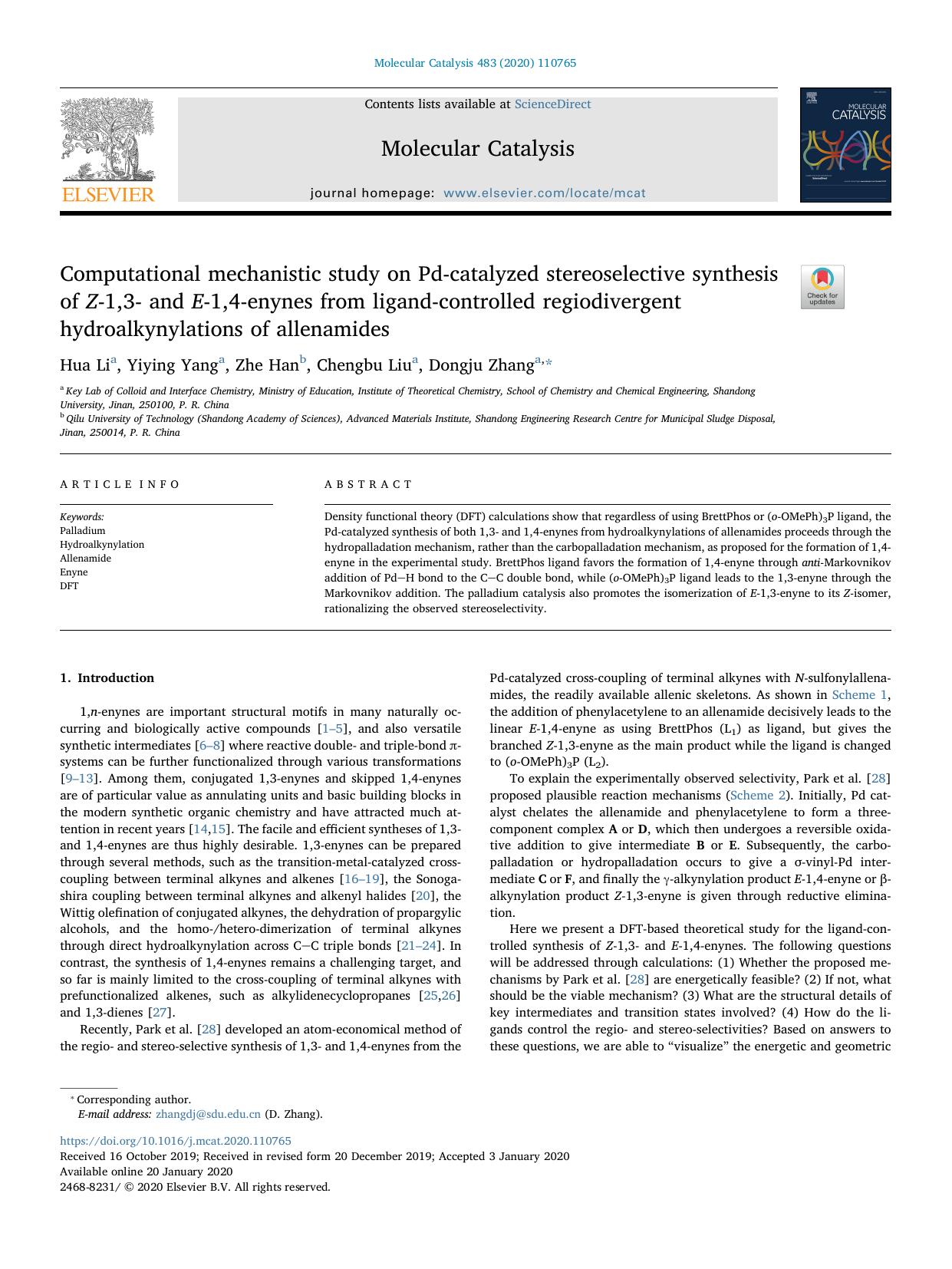 Computational mechanistic study on Pd-catalyzed stereoselective synthesis of Z-1,3- and E-1,4-enynes from ligand-controlled regiodivergent hydroalkynylations of allenamides by Hua Li & Yiying Yang & Zhe Han & Chengbu Liu & Dongju Zhang
