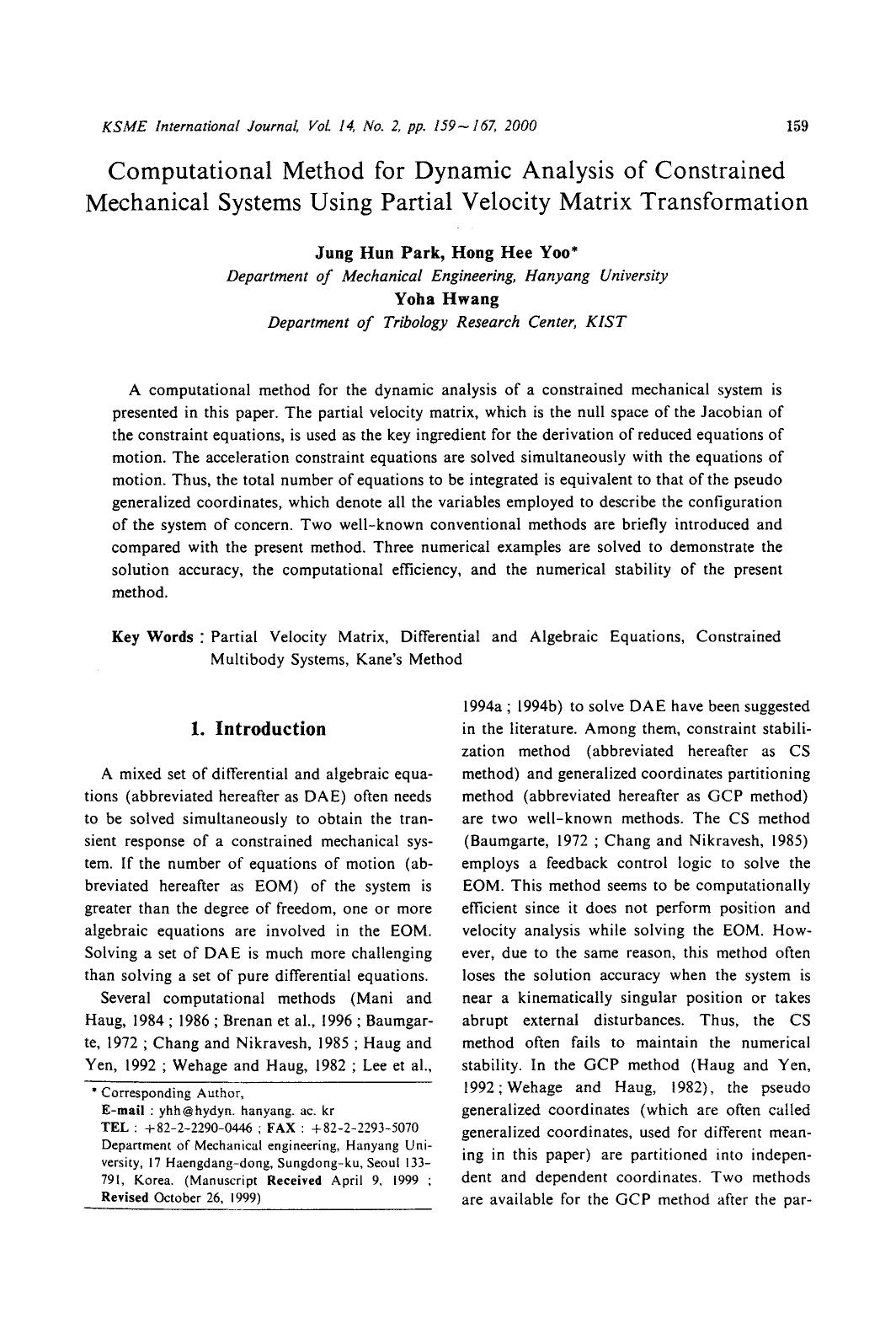 Computational method for dynamic analysis of constrained mechanical systems using partial velocity matrix transformation by Unknown