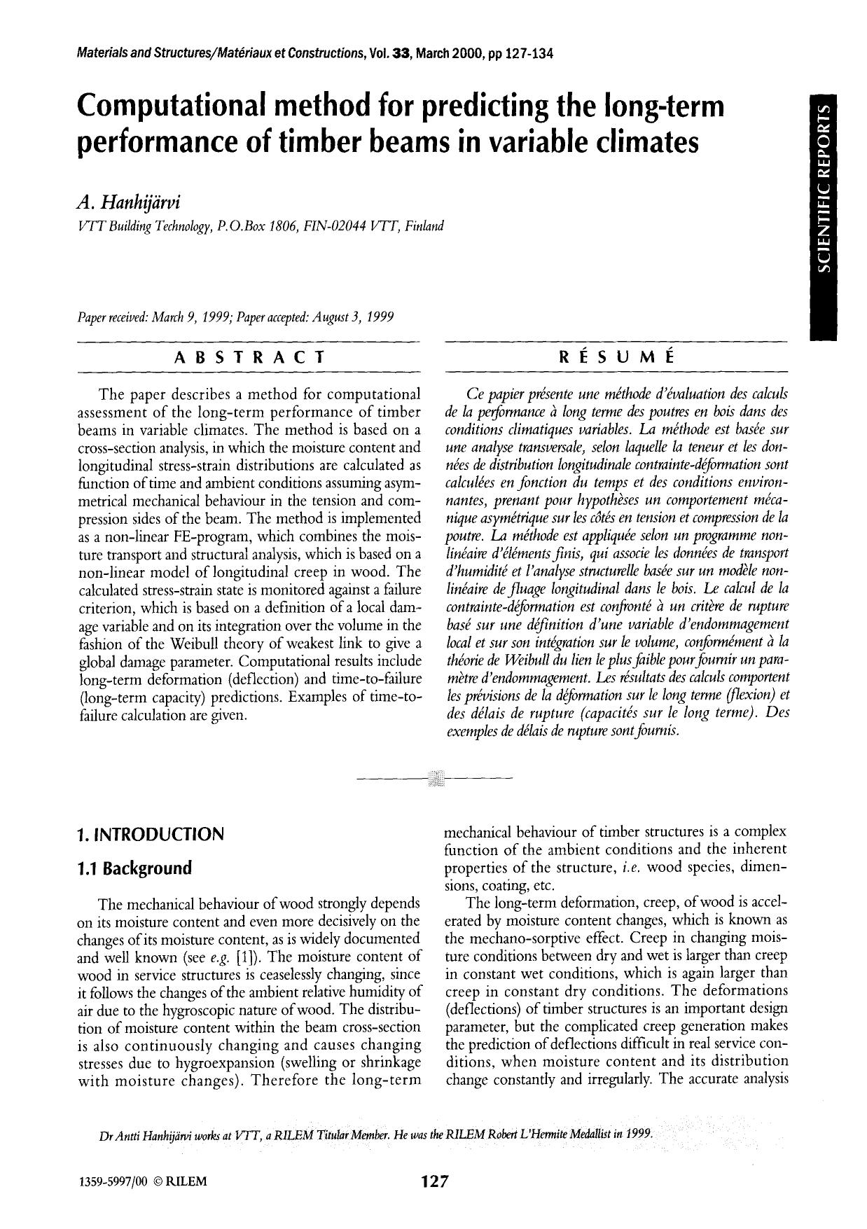 Computational method for predicting the long-term performance of timber beams in variable climates by Unknown