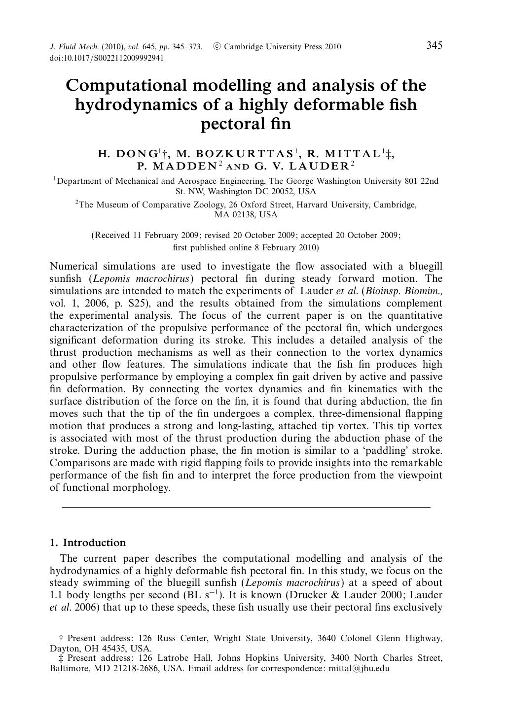 Computational modelling and analysis of the hydrodynamics of a highly deformable fish pectoral fin by H. DONG M. BOZKURTTAS R. MITTAL P. MADDEN G. V. LAUDER