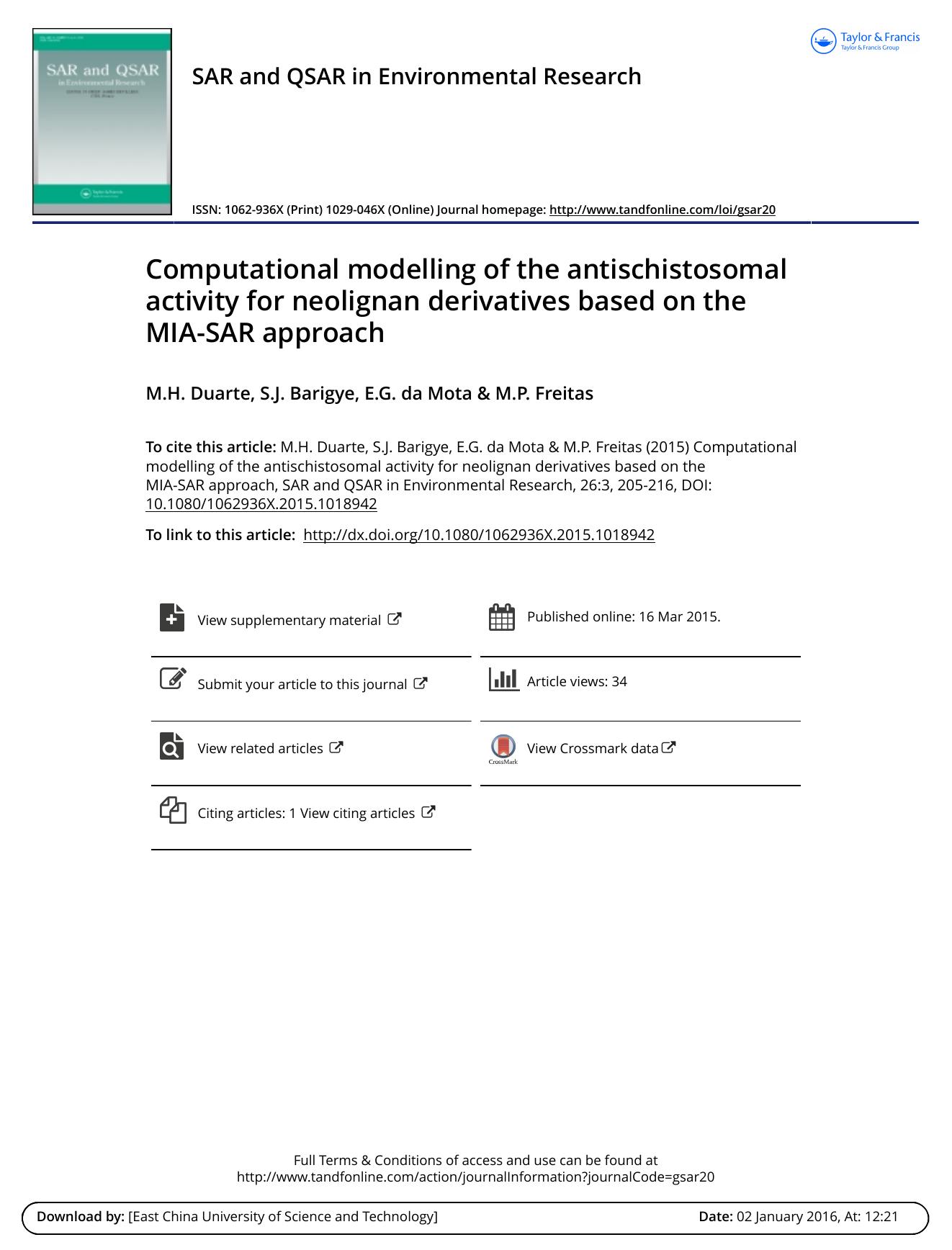 Computational modelling of the antischistosomal activity for neolignan derivatives based on the MIA-SAR approach by M.H. Duarte