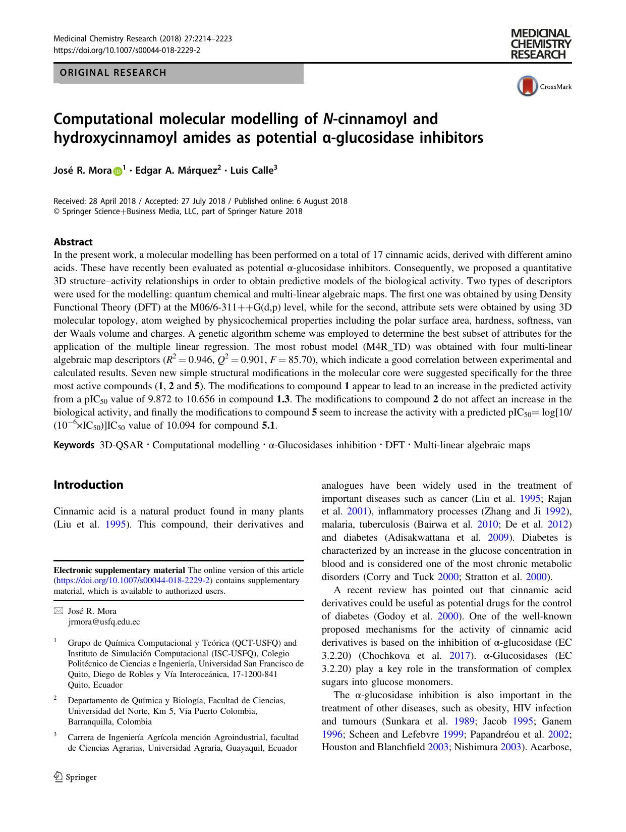 Computational molecular modelling of N-cinnamoyl and hydroxycinnamoyl amides as potential Î±-glucosidase inhibitors by José R. Mora & Edgar A. Márquez & Luis Calle