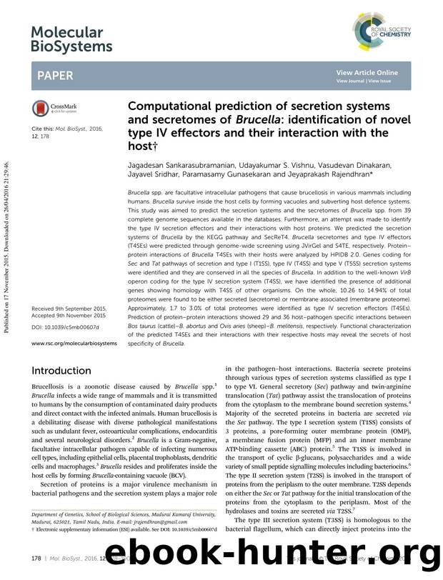 Computational prediction of secretion systems and secretomes of Brucella: identification of novel type IV effectors and their interaction with the host by unknow
