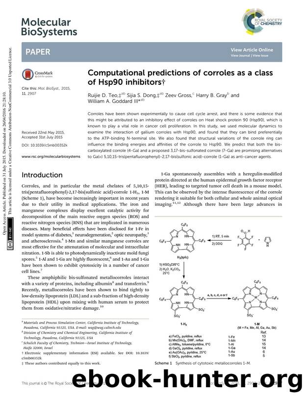Computational predictions of corroles as a class of Hsp90 inhibitors by Ruijie D. Teo & Sijia S. Dong & Zeev Gross & Harry B. Gray & William A. Goddard