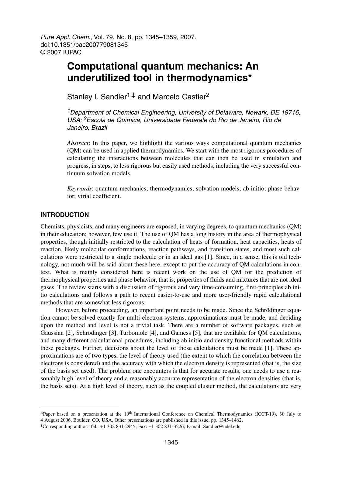 Computational quantum mechanics: An underutilized tool in thermodynamics by Stanley I. Sandler & Marcelo Castier