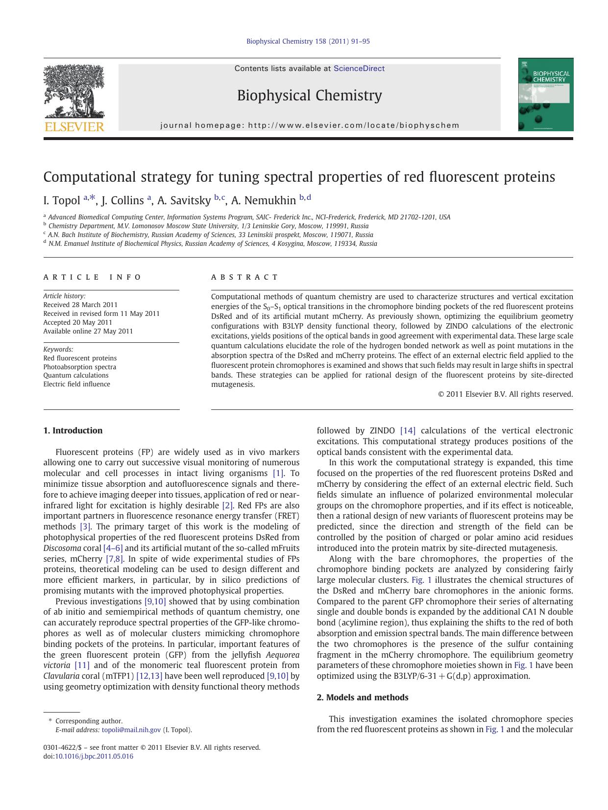 Computational strategy for tuning spectral properties of red fluorescent proteins by I. Topol & J. Collins & A. Savitsky & A. Nemukhin