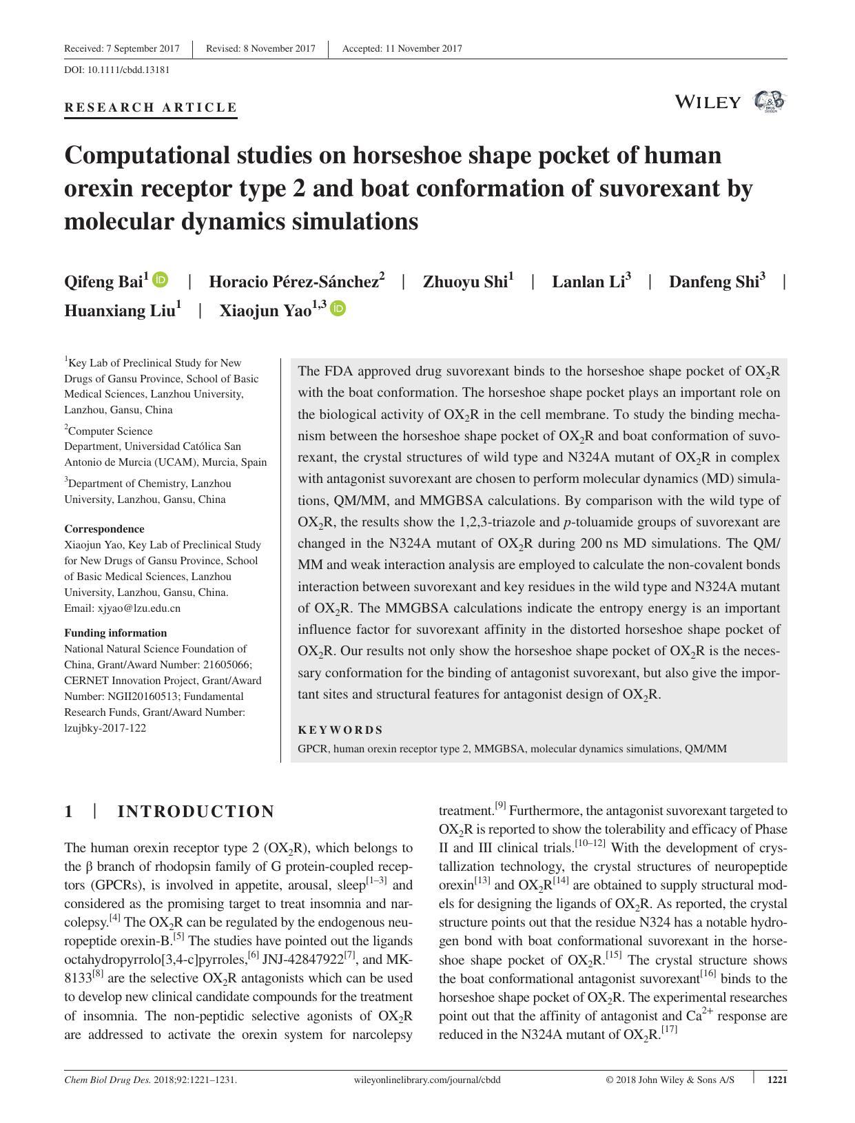 Computational studies on horseshoe shape pocket of human orexin receptor type 2 and boat conformation of suvorexant by molecular dynamics simulations by unknow