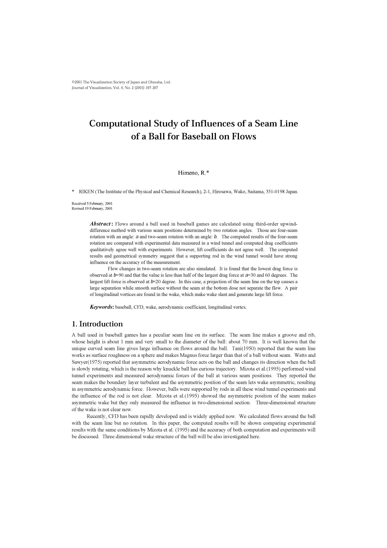 Computational study of influences of a seam line of a ball for baseball on flows by Unknown