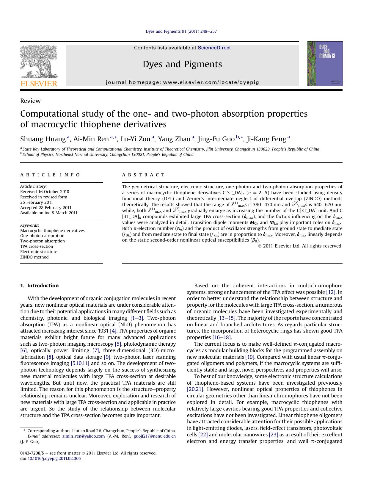 Computational study of the one- and two-photon absorption properties of macrocyclic thiophene derivatives by Shuang Huang & Ai-Min Ren & Lu-Yi Zou & Yang Zhao & Jing-Fu Guo & Ji-Kang Feng