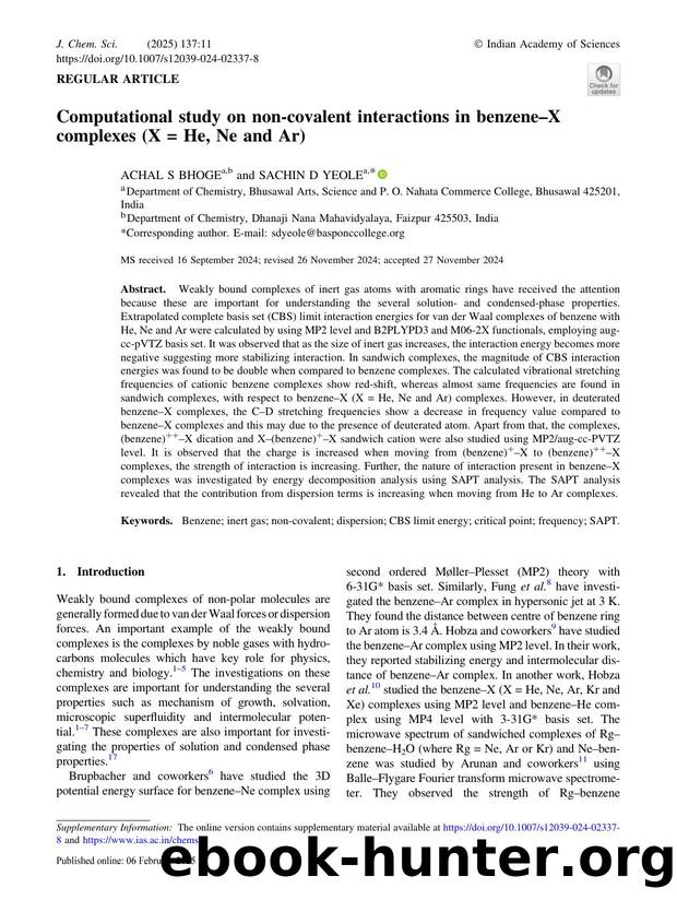 Computational study on non-covalent interactions in benzeneâX complexes (X = He, Ne and Ar) by Achal S Bhoge & Sachin D Yeole