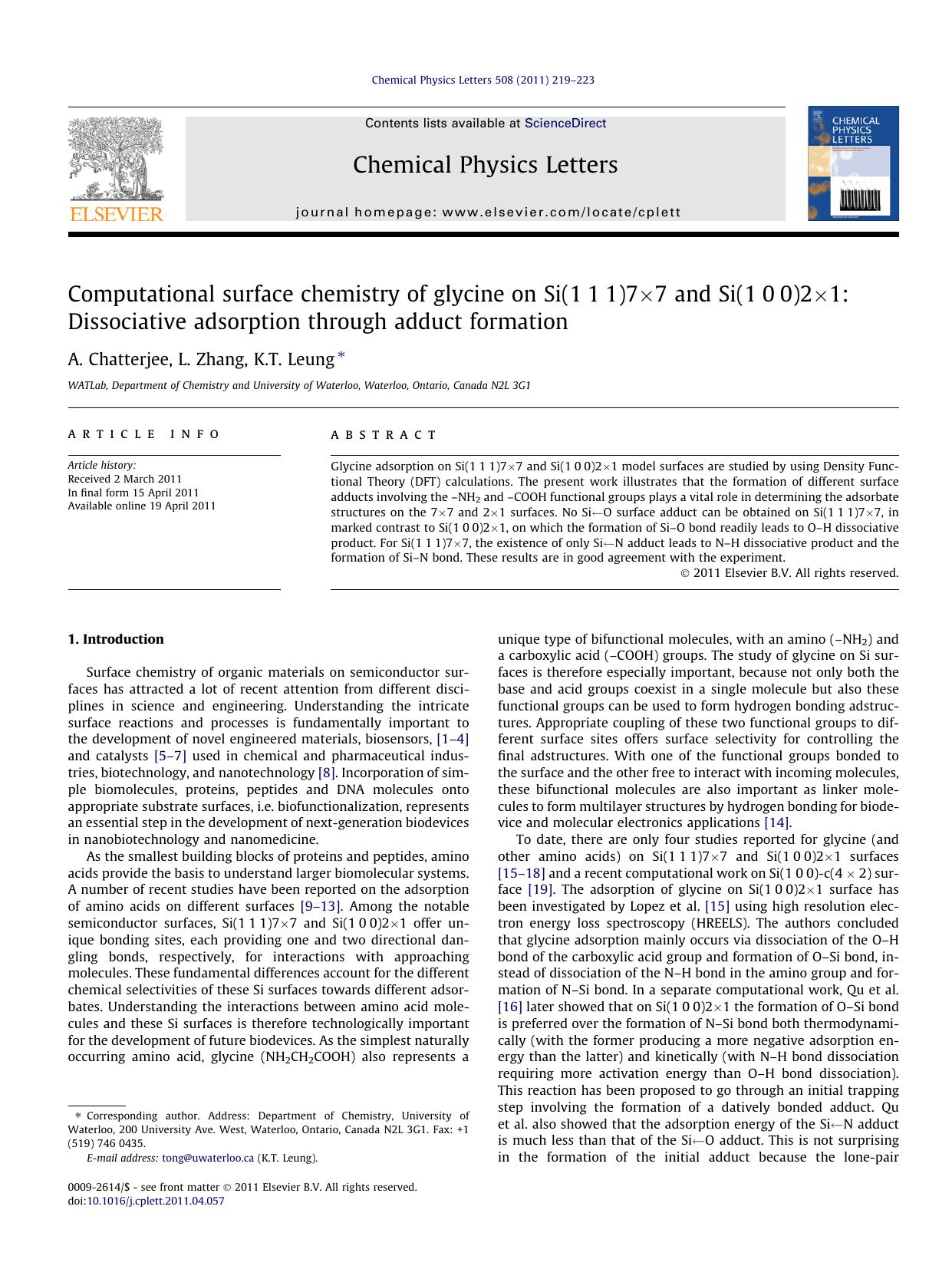 Computational surface chemistry of glycine on Si(111)7Ãâ7 and Si(100)2Ãâ1: Dissociative adsorption through adduct formation by A. Chatterjee & L. Zhang & K.T. Leung