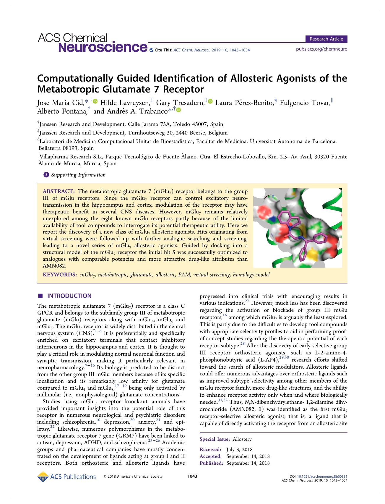 Computationally Guided Identification of Allosteric Agonists of the Metabotropic Glutamate 7 Receptor by unknow