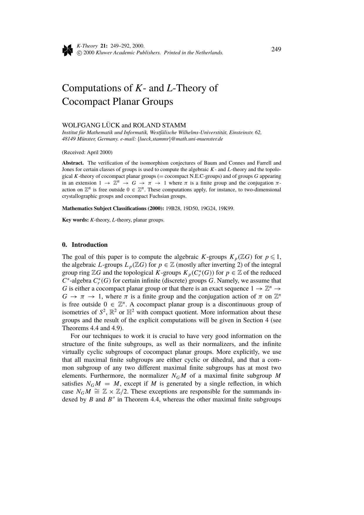 Computations of K- and L-Theory of Cocompact Planar Groups by Unknown