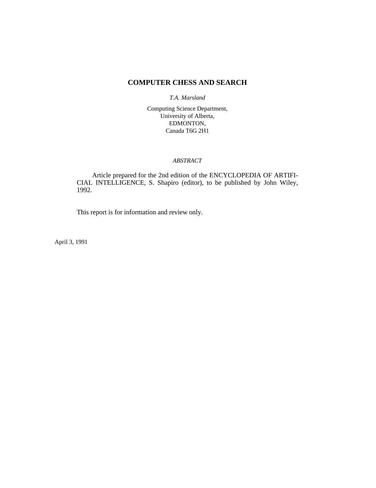 Computer Chess and Search [Marsland 1991] by Unknown