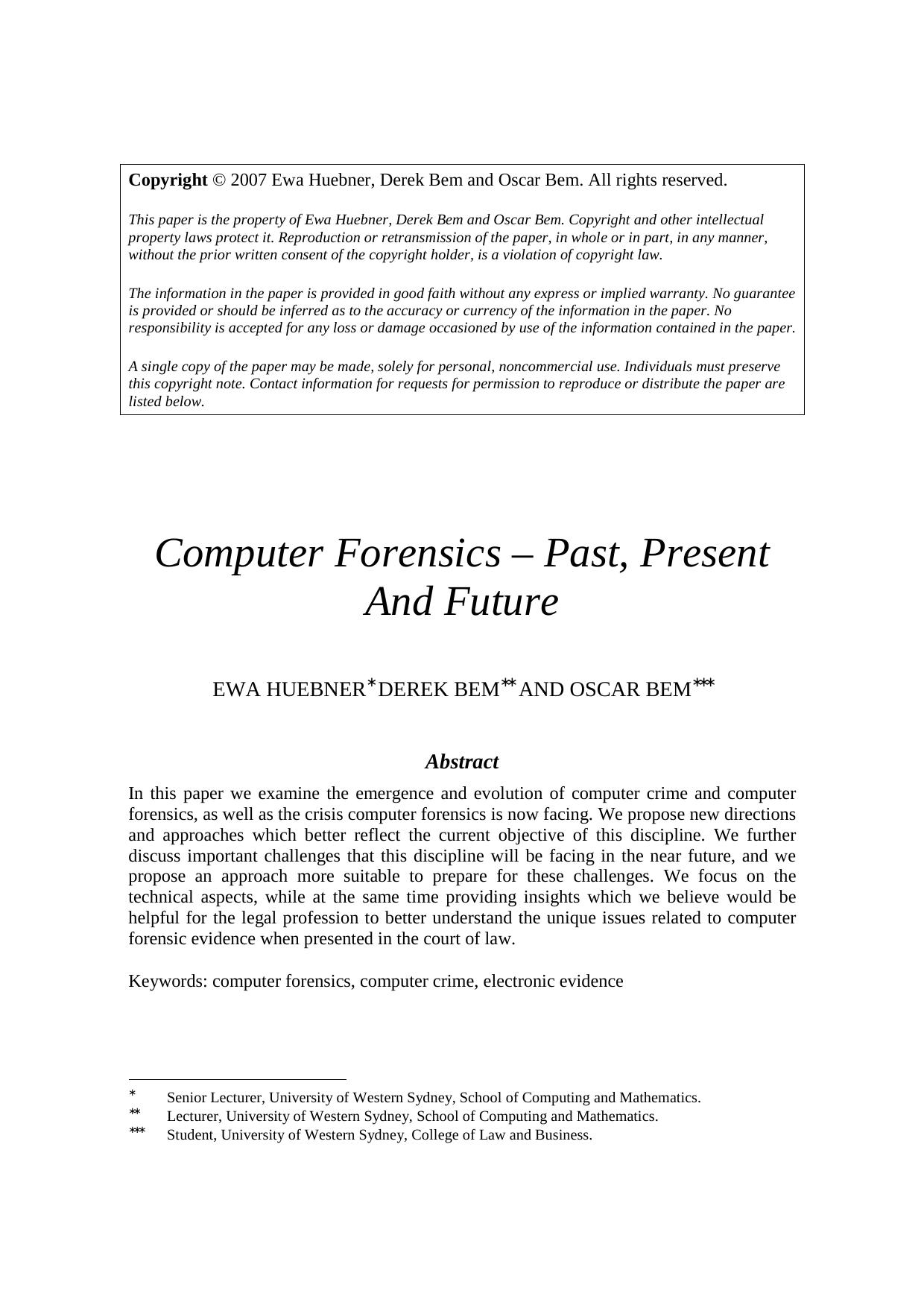 Computer Forensics Past Present and Future by derek