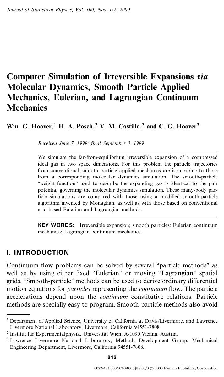 Computer Simulation of Irreversible Expansions via Molecular Dynamics, Smooth Particle Applied Mechanics, Eulerian, and Lagrangian Continuum Mechanics by Unknown