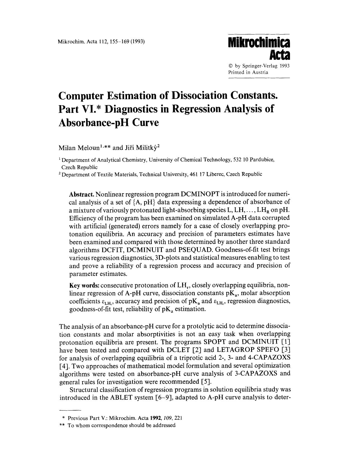 Computer estimation of dissociation constants. Part VI. Diagnostics in regression analysis of absorbance-pH curve by Unknown