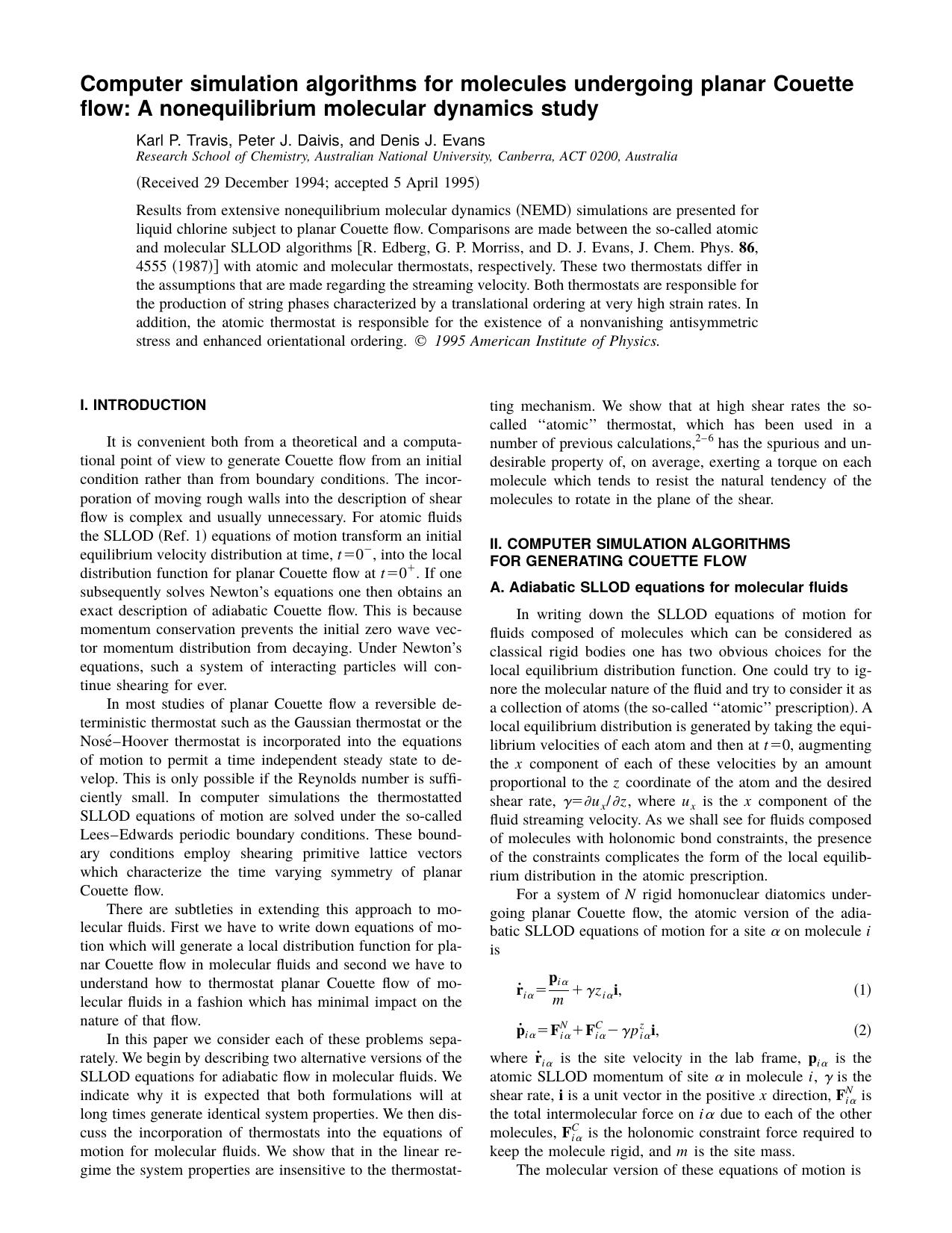 Computer simulation algorithms for molecules undergoing planar Couette flow: A nonequilibrium molecular dynamics study by Karl P. Travis Peter J. Daivis and Denis J. Evans