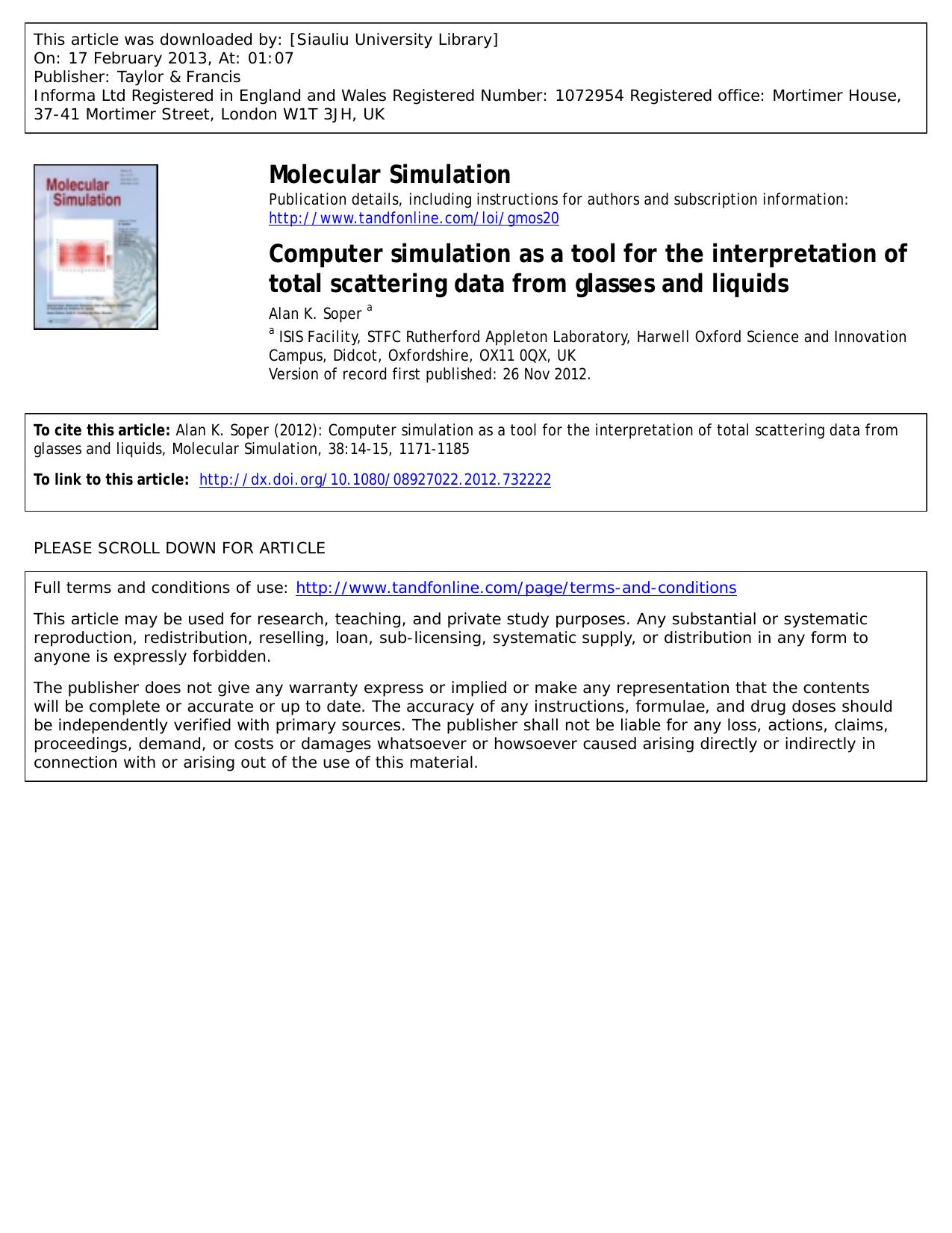 Computer simulation as a tool for the interpretation of total scattering data from glasses and liquids by Alan K. Soper