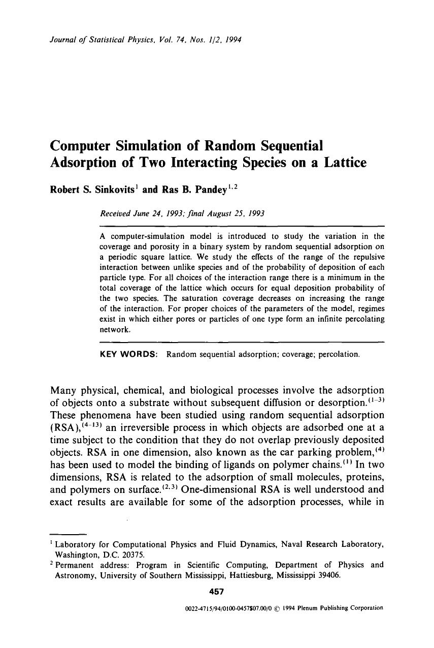 Computer simulation of random sequential adsorption of two interacting species on a lattice by Unknown