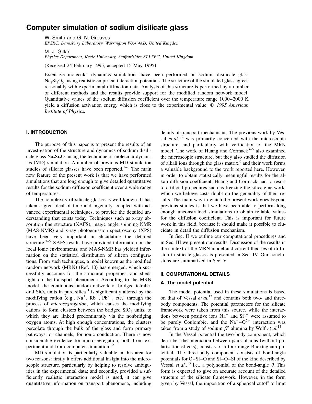 Computer simulation of sodium disilicate glass by W. Smith and G. N. Greaves & M. J. Gillan