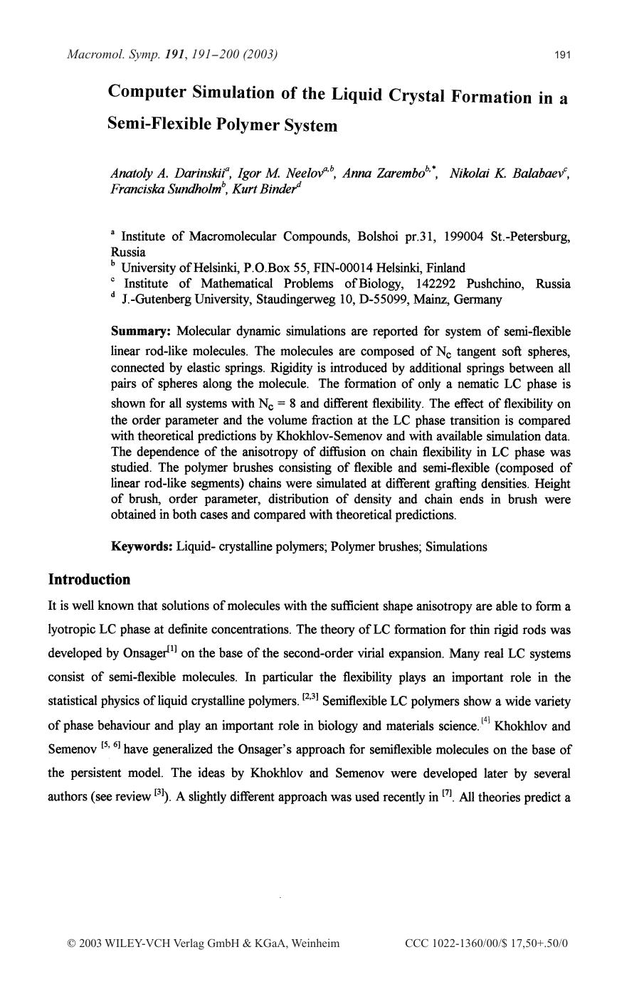 Computer simulation of the liquid crystal formation in a semi-flexible polymer system by Unknown