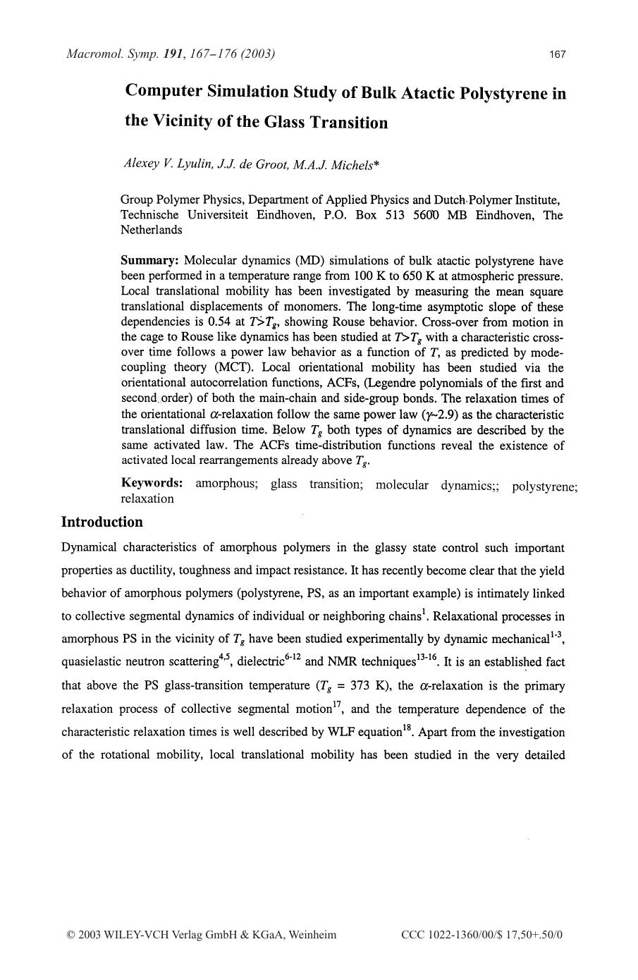 Computer simulation study of bulk atactic polystyrene in the vicinity of the glass transition by Unknown