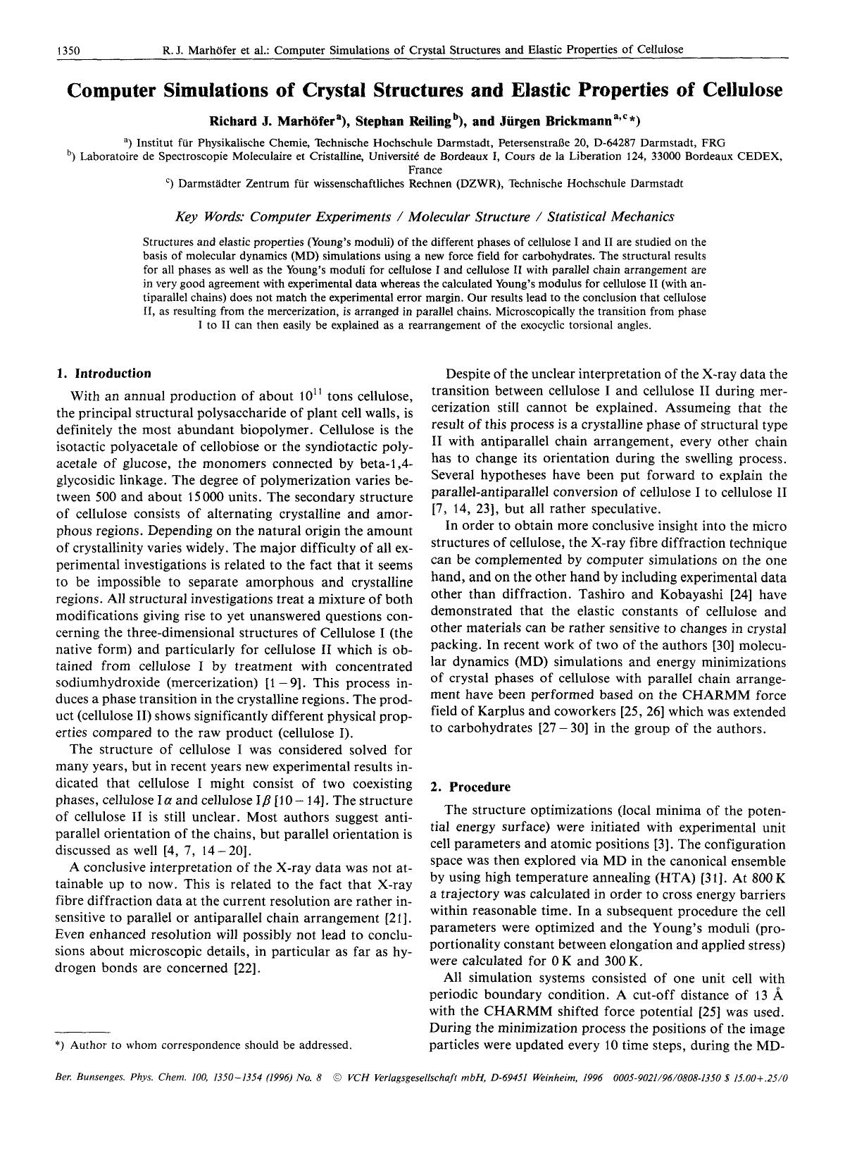 Computer simulations of crystal structures and elastic properties of cellulose by Unknown