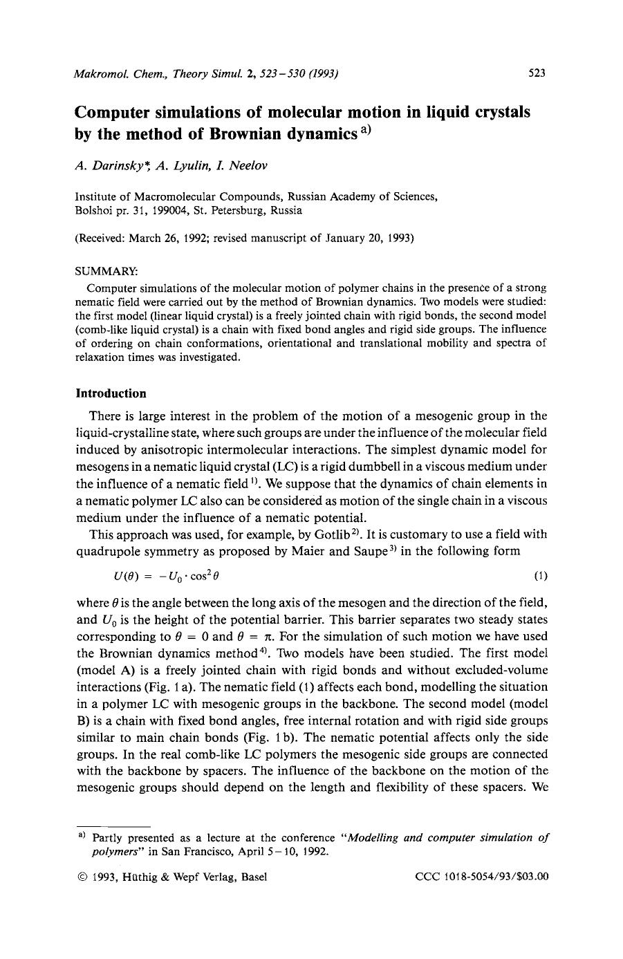 Computer simulations of molecular motion in liquid crystals by the method of Brownian dynamics by Unknown