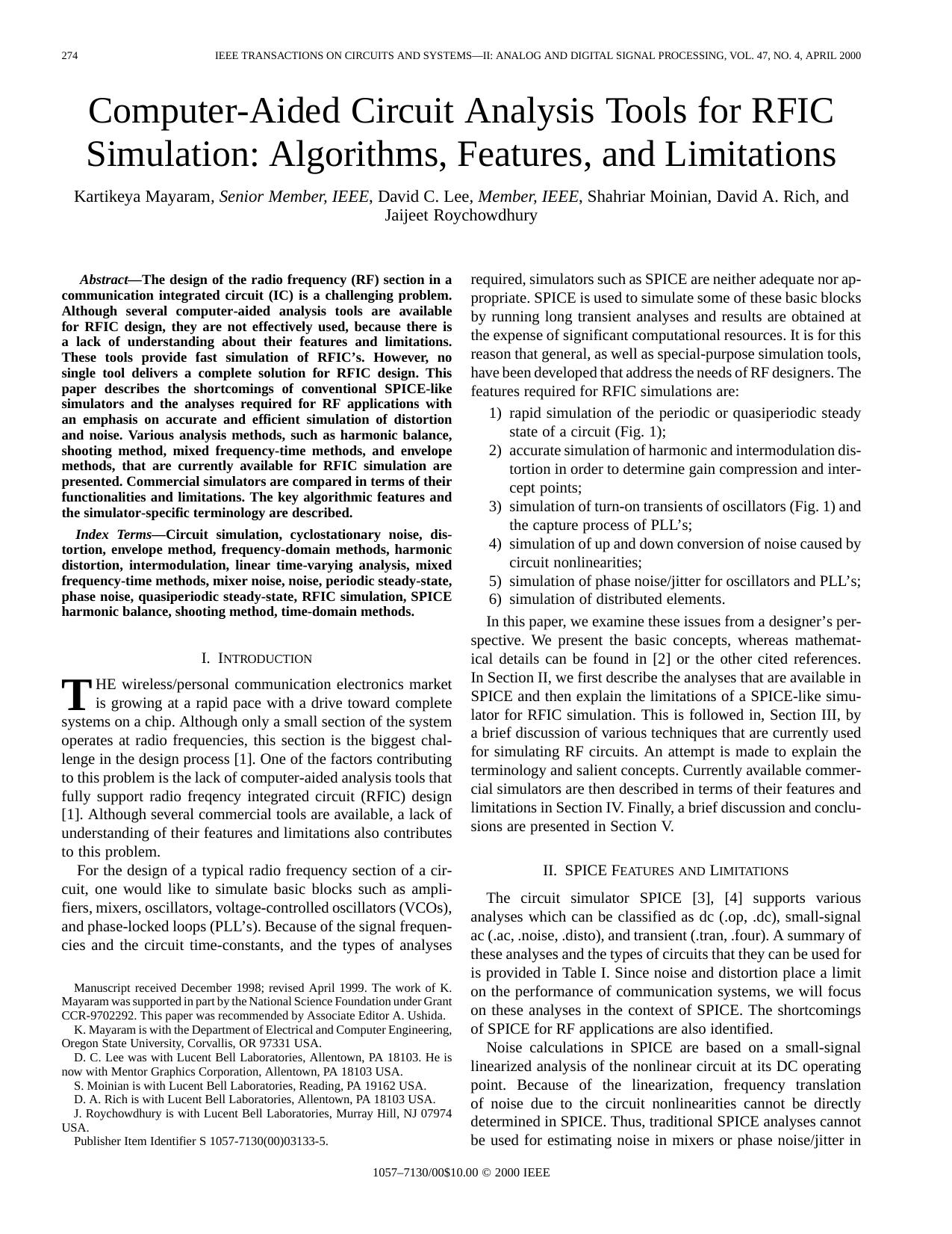 Computer-Aided Circuit Analysis Tools for RFIC Simulation: Algorithms, Features, and Limitations by Mayaram K. Lee D.C. Rich D.A. Roychowdhury J
