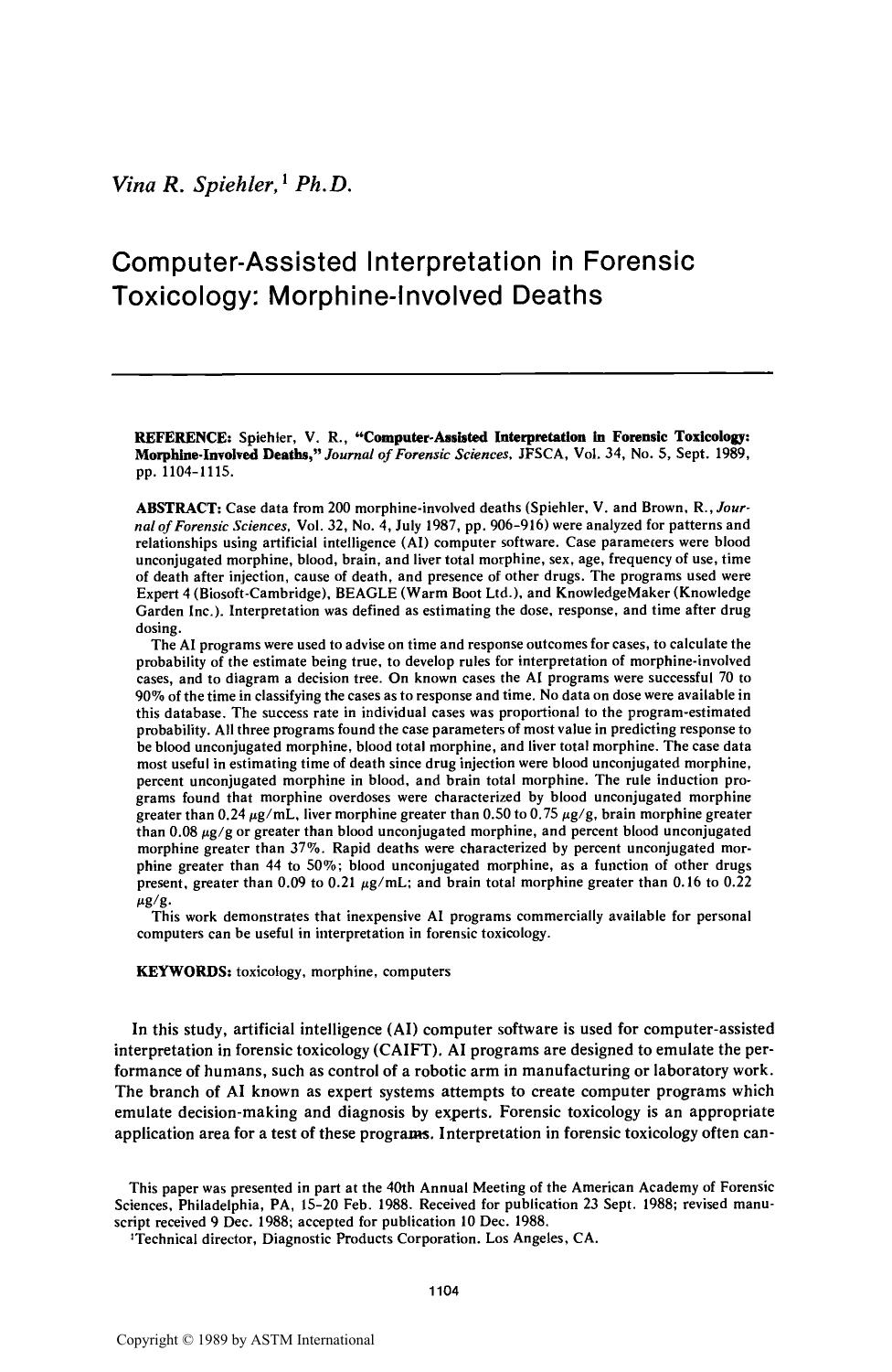 Computer-Assisted Interpretation in Forensic Toxicology: Morphine-Involved Deaths by Spiehler VR