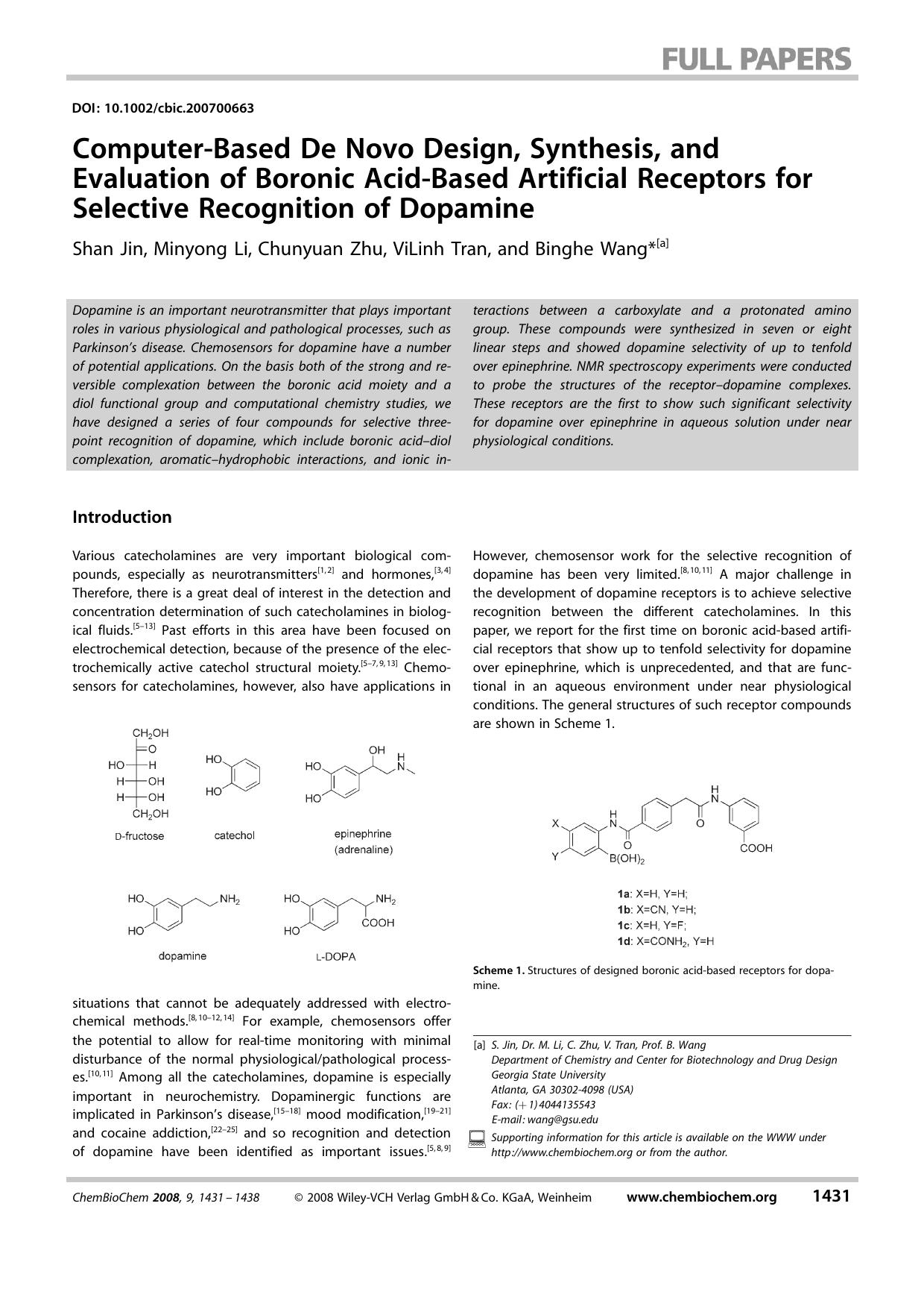 Computer-Based De Novo Design, Synthesis, and Evaluation of Boronic Acid-Based Artificial Receptors for Selective Recognition of Dopamine by Unknown