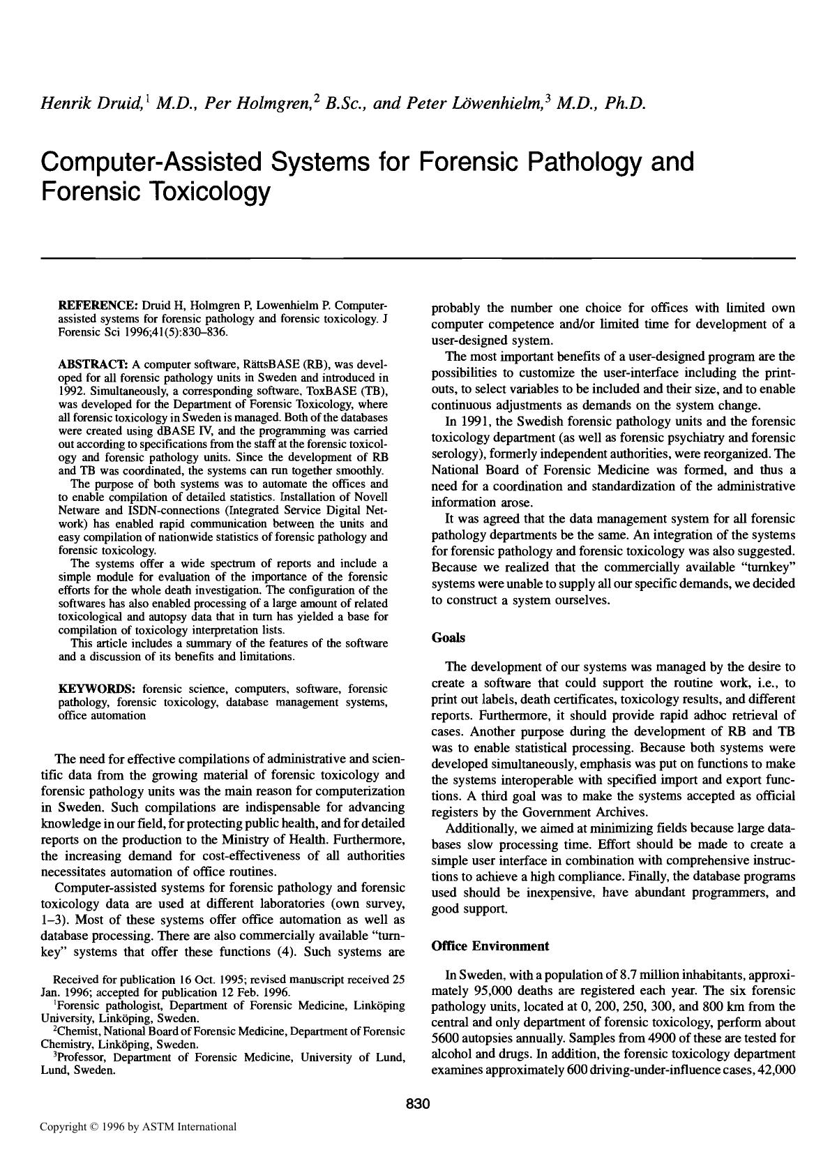 Computer-assisted systems for forensic pathology and forensic toxicology by Druid H Holmgren P Lowenhielm P