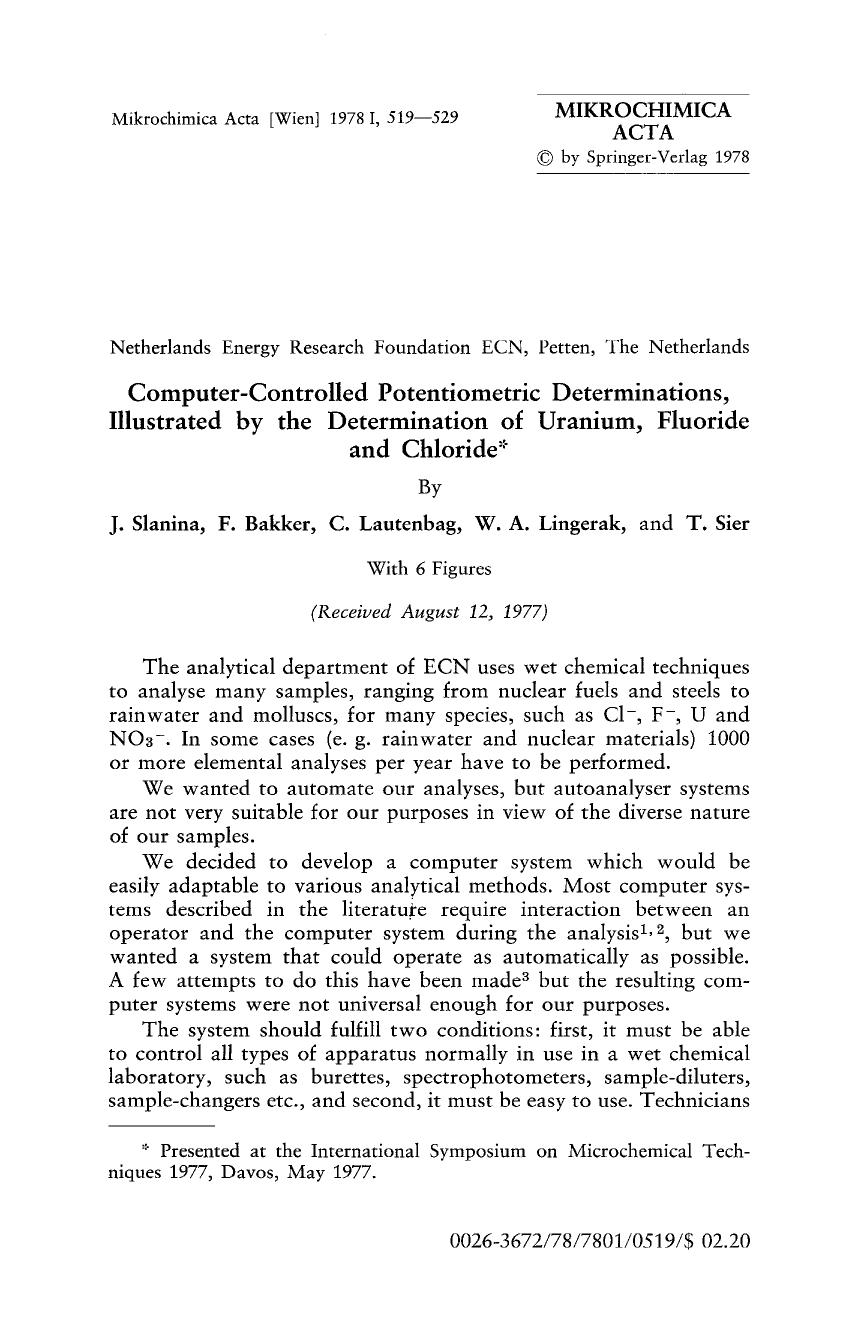 Computer-controlled potentiometric determinations, illustrated by the determination of uranium, fluoride and chloride by Unknown