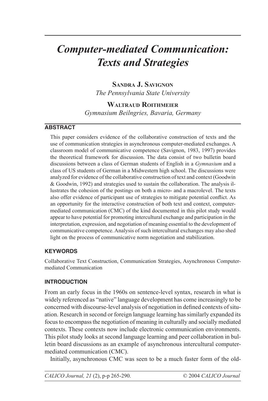 Computer-mediated Communication: Texts and Strategies by Savignon Sandra J