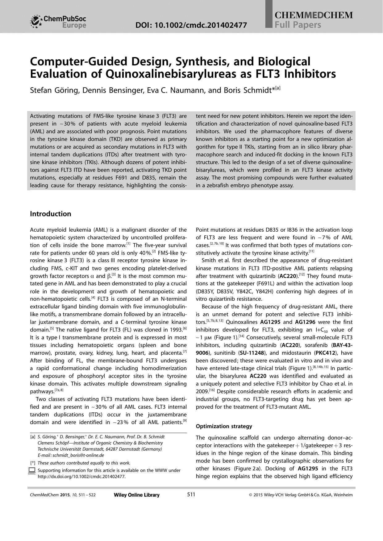 ComputerGuided Design, Synthesis, and Biological Evaluation of Quinoxalinebisarylureas as FLT3 Inhibitors by Unknown
