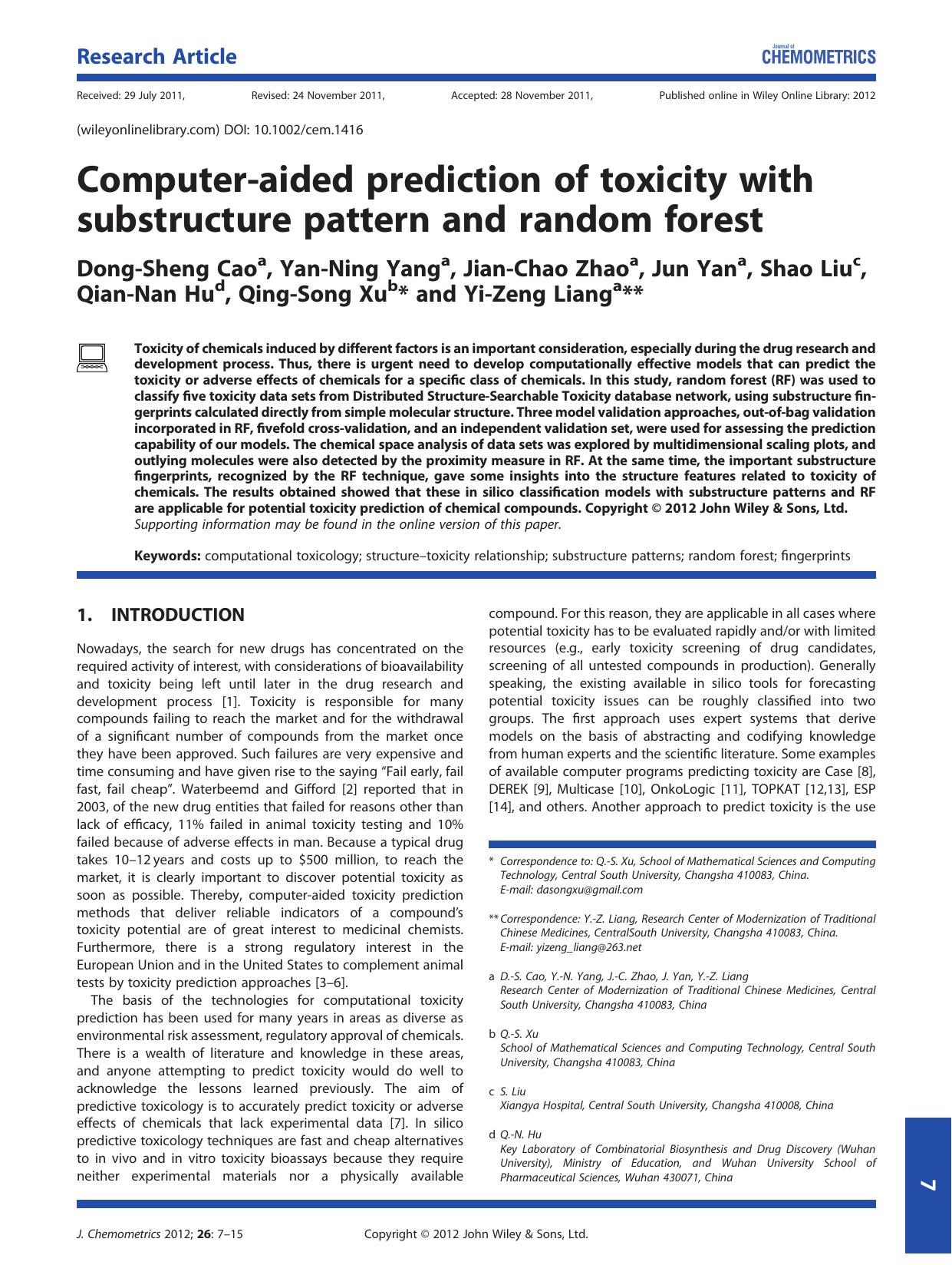 Computeraided prediction of toxicity with substructure pattern and random forest by Unknown