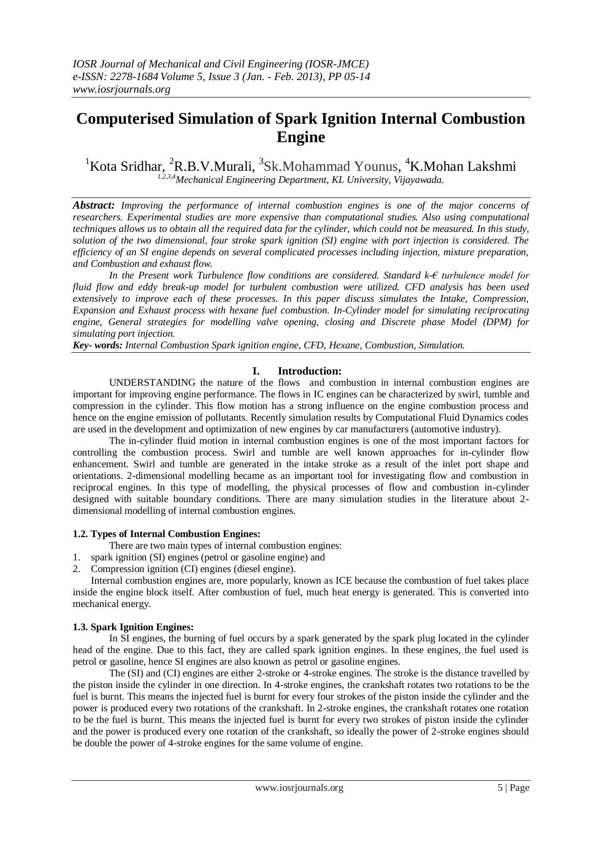 Computerised Simulation of Spark Ignition Internal Combustion Engine by Sridhar K. Murali R.B.V. Younus Sk.M. Lakshmi K.M