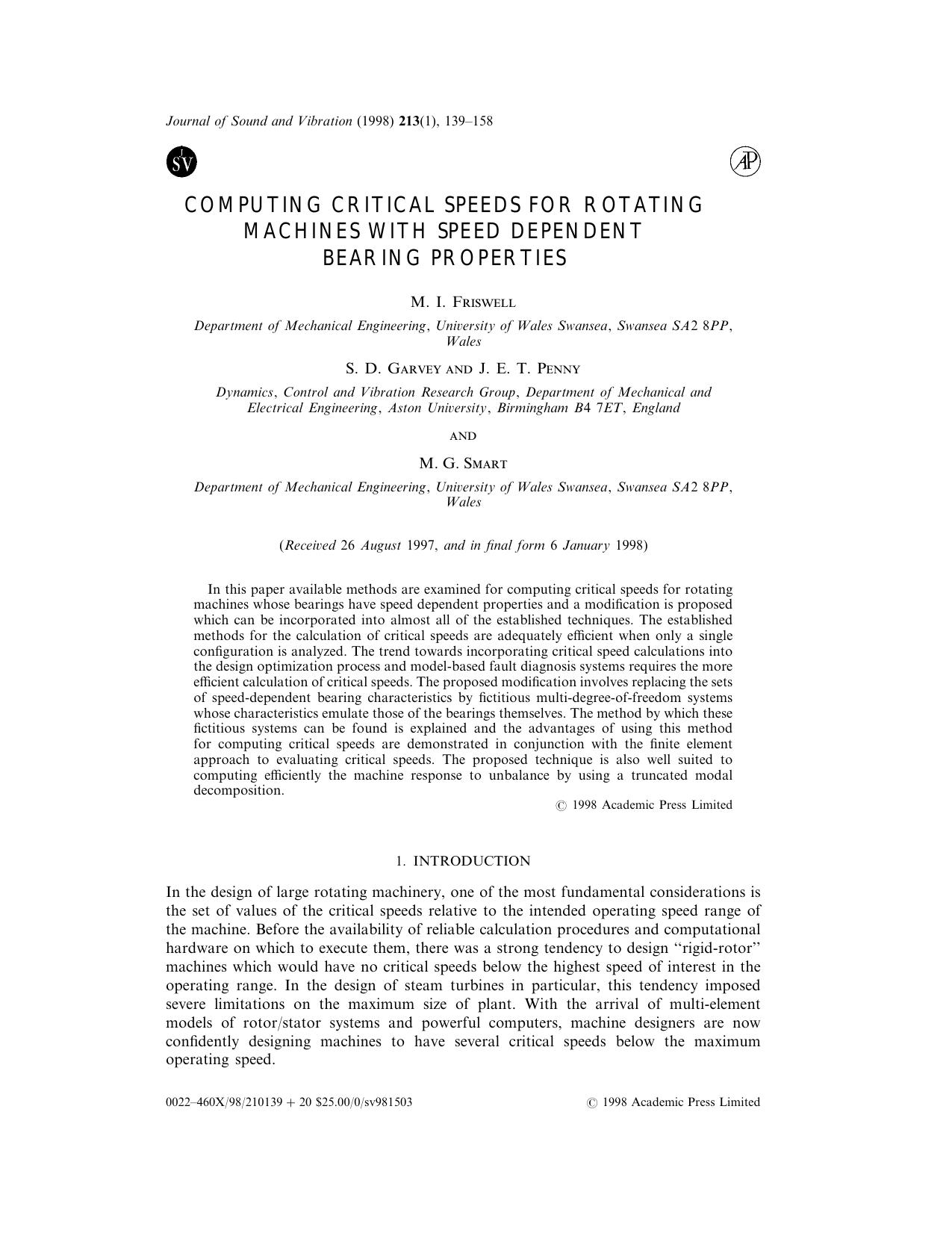 Computing Critical Speeds for Rotating Machines with Speed Dependent Bearing Properties by Friswell M. I. et al