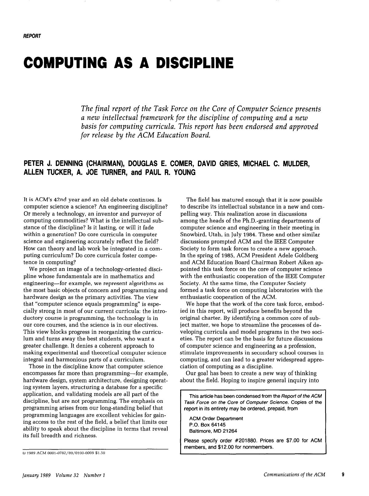 Computing as a Discipline by Unknown