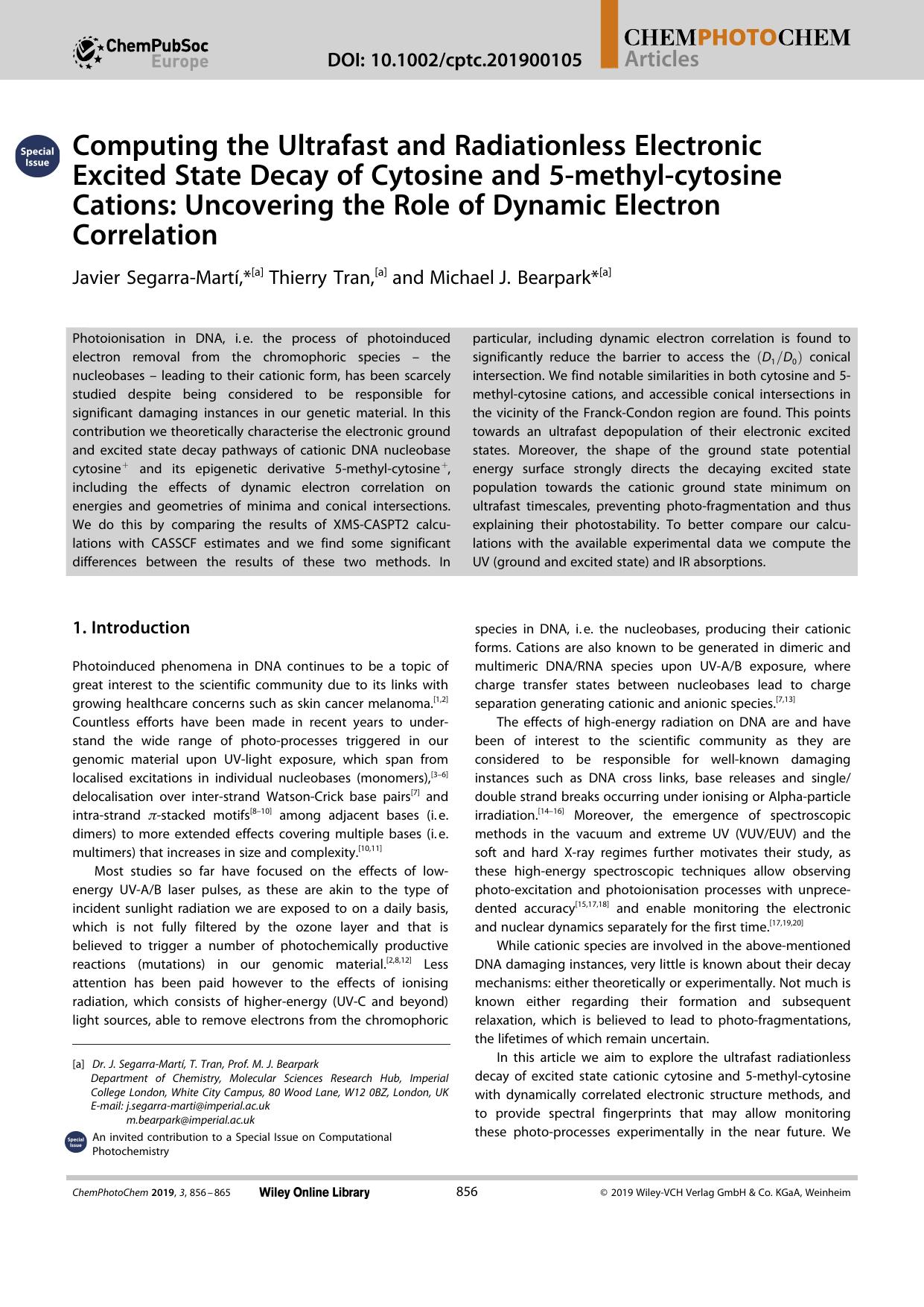 Computing the Ultrafast and Radiationless Electronic Excited State Decay of Cytosine and 5âmethylâcytosine Cations: Uncovering the Role of Dynamic Electron Correlation by Unknown