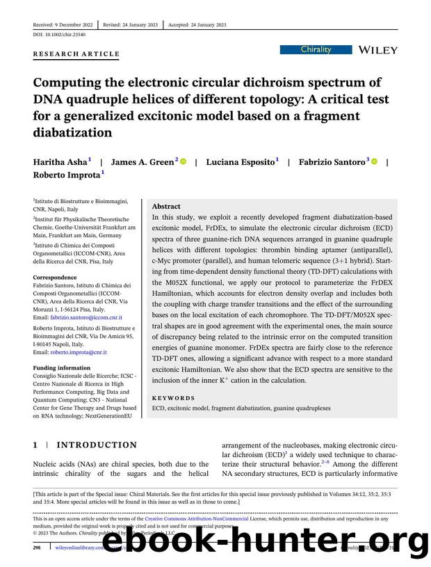 Computing the electronic circular dichroism spectrum of DNA quadruple helices of different topology: A critical test for a generalized excitonic model based on a fragment diabatization by Haritha Asha James A. Green Luciana Esposito Fabrizio Santoro Roberto Improta