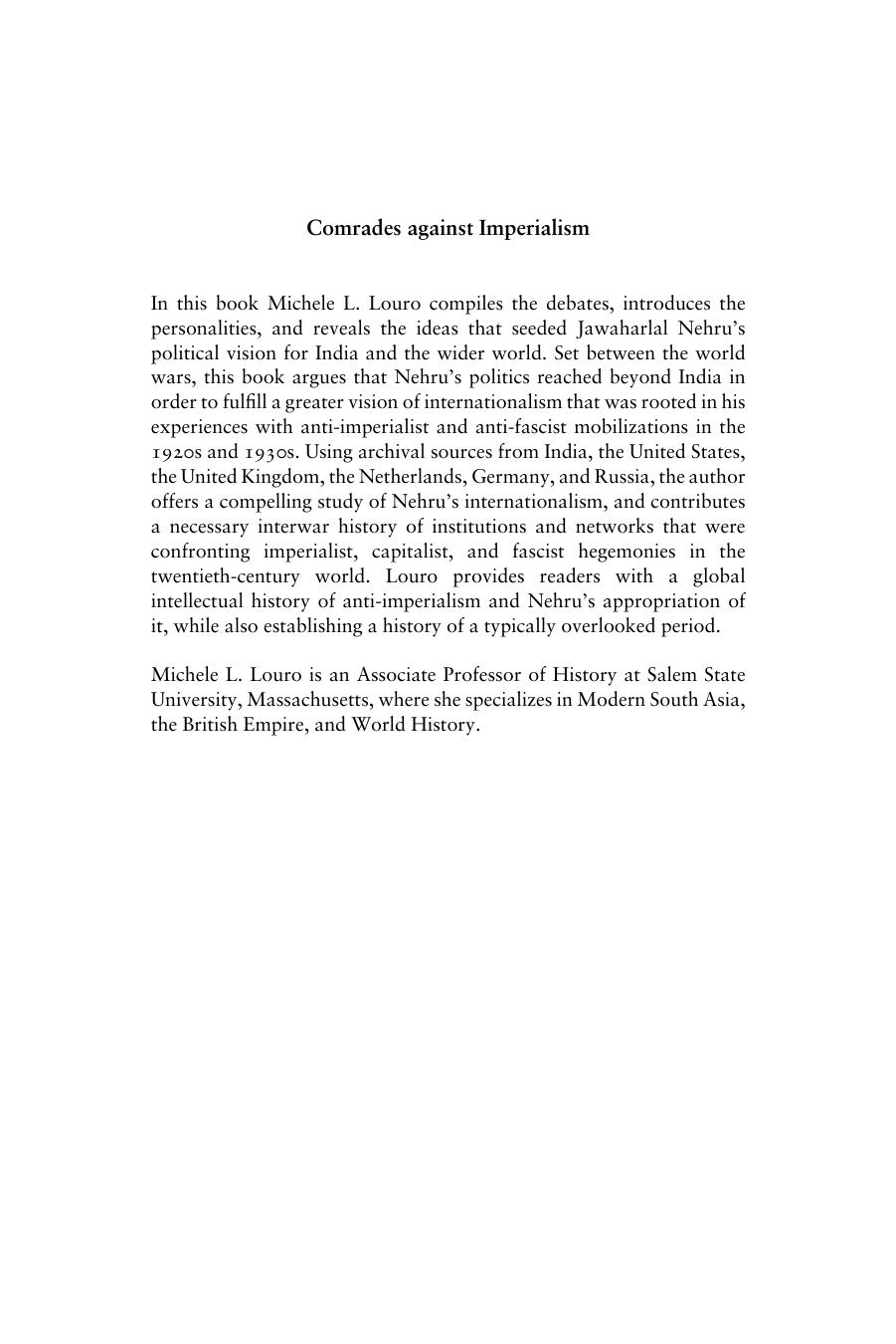 Comrades Against Imperialism: Nehru, India, and Interwar Internationalism by Michele L Louro