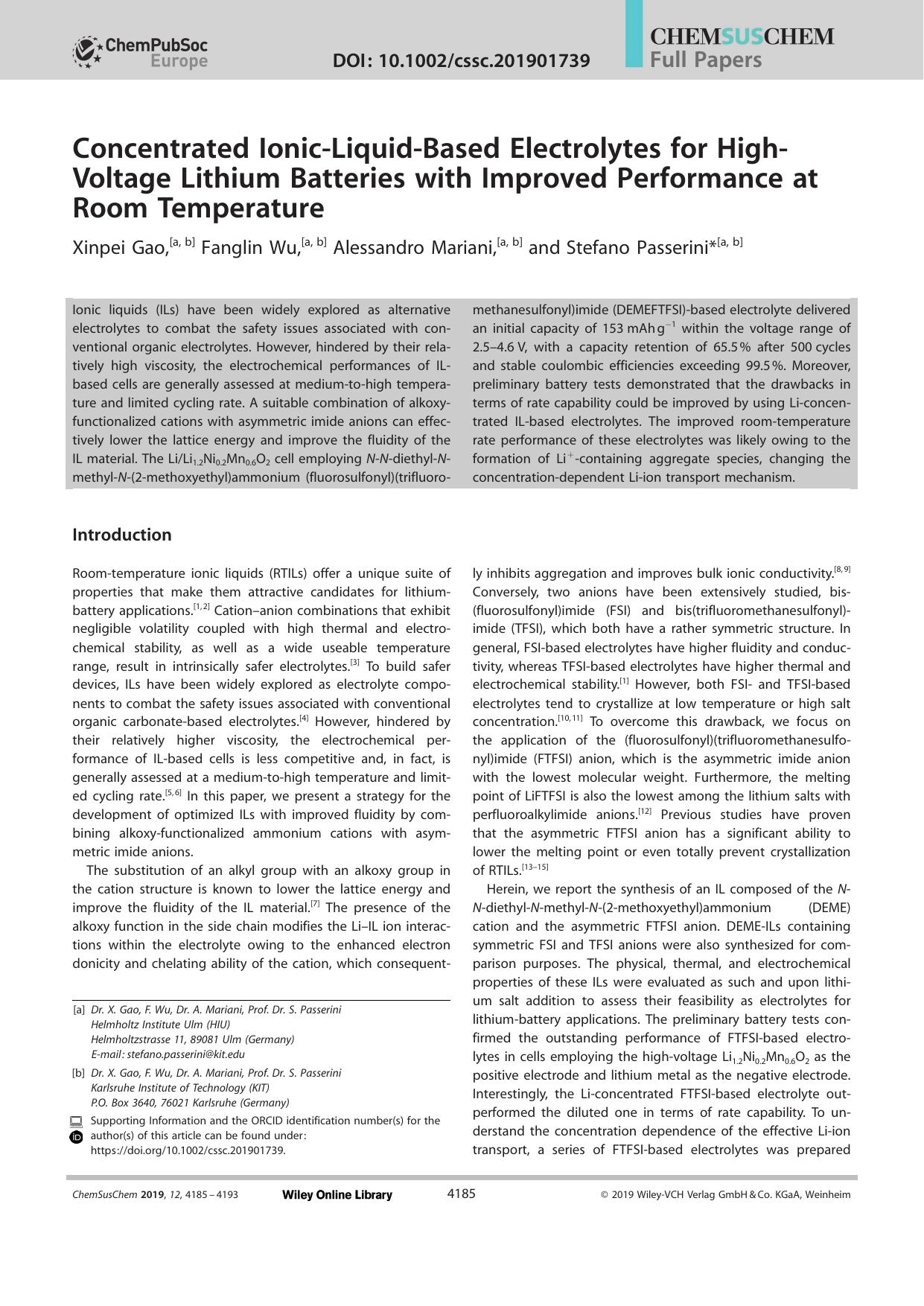 Concentrated IonicâLiquidâBased Electrolytes for HighâVoltage Lithium Batteries with Improved Performance at Room Temperature by Unknown
